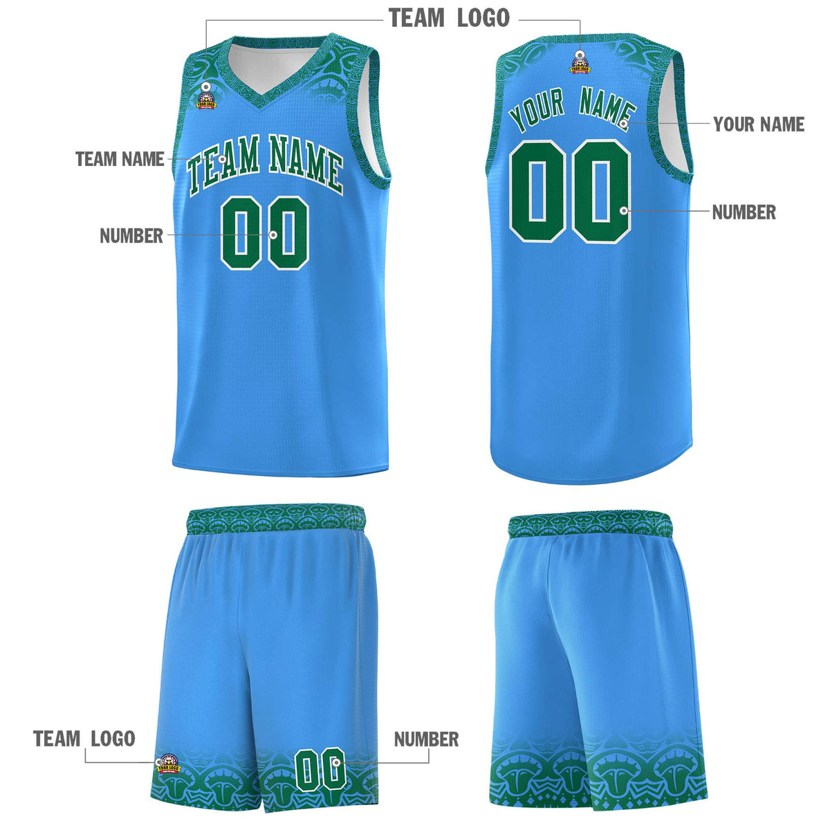 Custom Powder Blue Kelly Green Personalized Indians Print Sets Sports Uniform Basketball Jersey