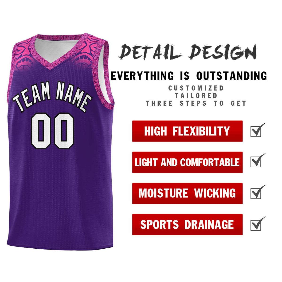 Custom Purple Pink Personalized Indians Print Sets Sports Uniform Basketball Jersey