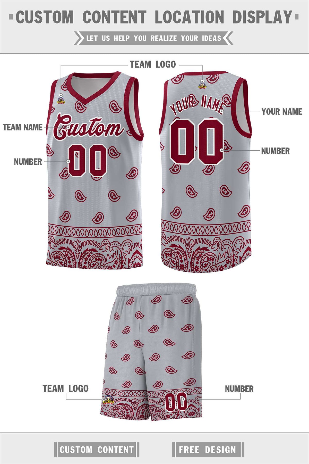 Custom Gray Crimson Personalized Cashew Pattern Sports Uniform Basketball Jersey