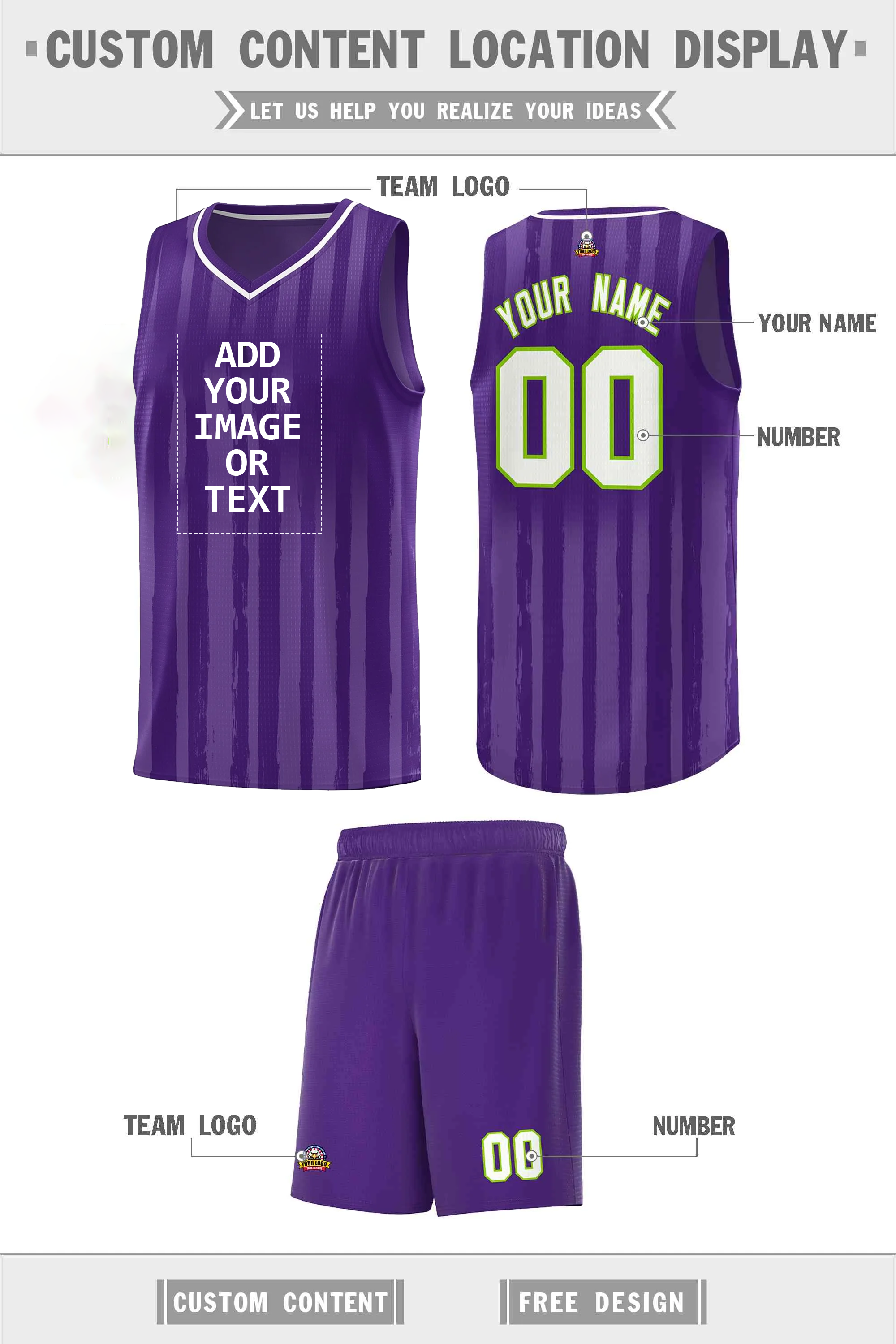 Custom Logo/Text Purple White Vertical Striped Pattern Sports Uniform Basketball Jersey