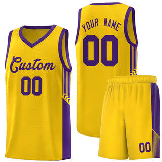 Custom Gold Purple Side Stripe Fashion Sports Uniform Basketball Jersey - Style 1