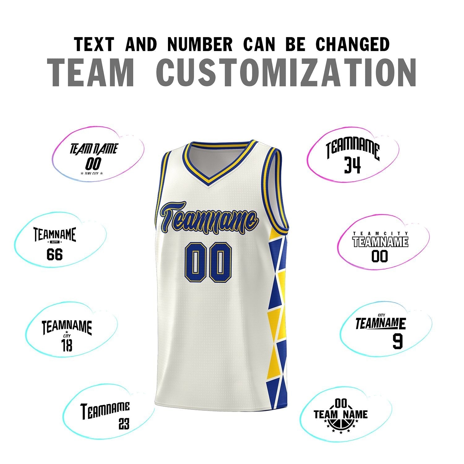 Custom Cream Royal-Gold Side Two-Color Triangle Splicing Sports Uniform Basketball Jersey