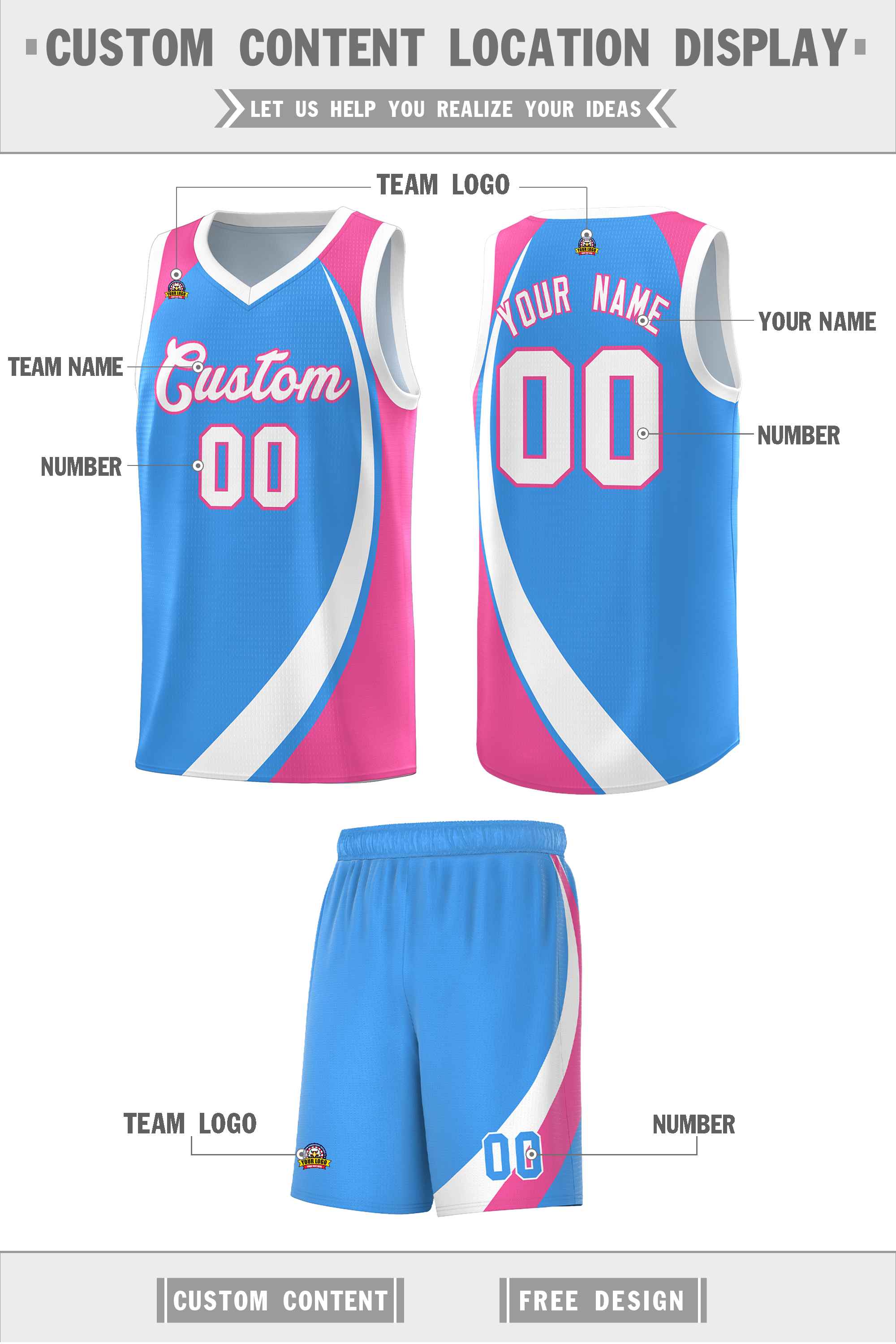 Custom Powder Blue White-Pink Color Block Sports Uniform Basketball Jersey