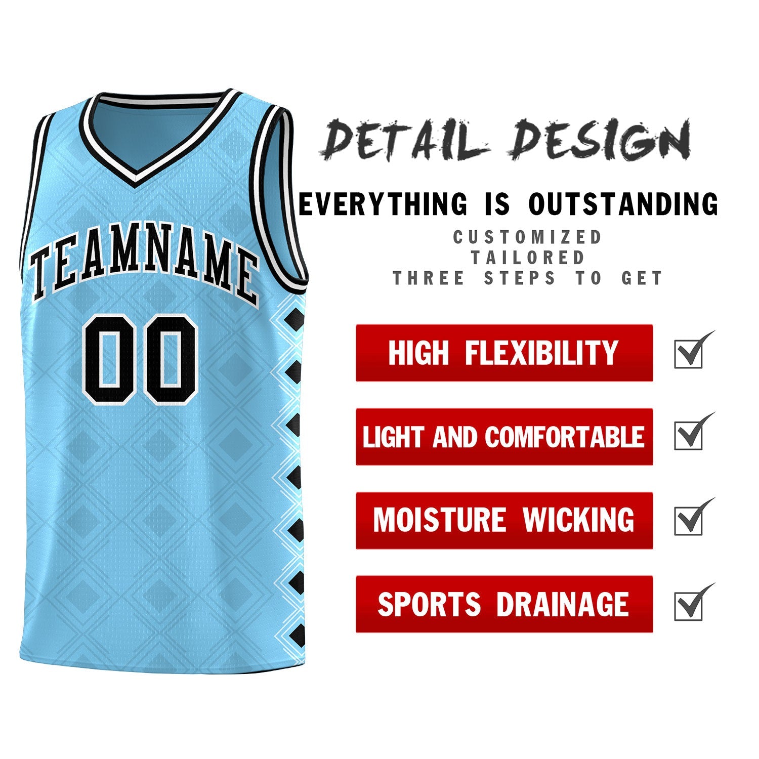 Custom Light Blue Side Blocks Sports Uniform Basketball Jersey