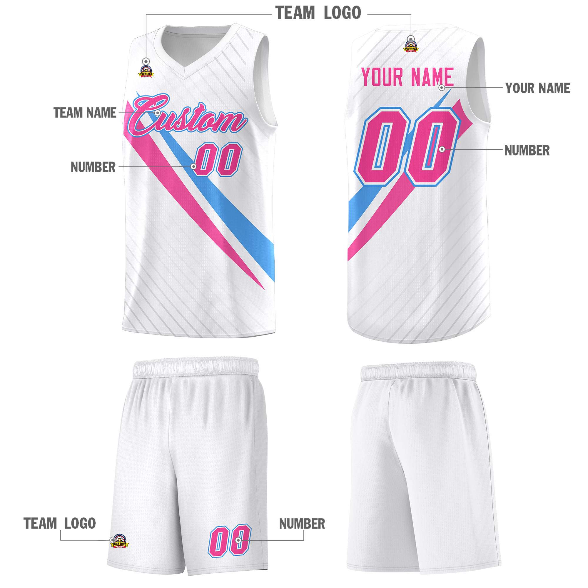 Custom White Diagonal Pinstripe Pattern Color Block Sports Uniform Basketball Jersey