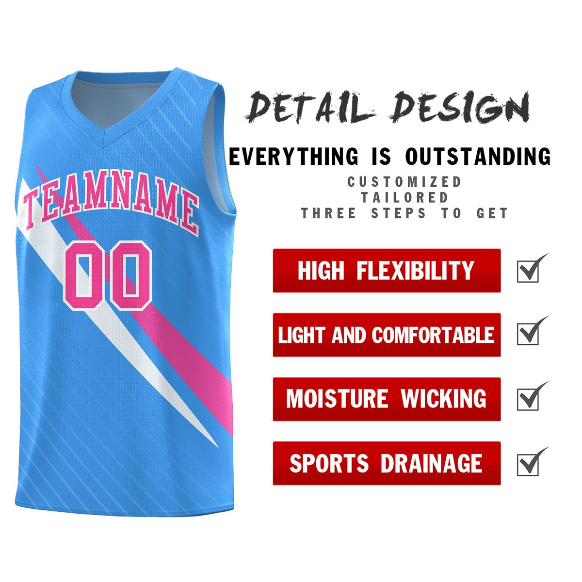 Custom Light Blue Diagonal Pinstripe Pattern Color Block Sports Uniform Basketball Jersey