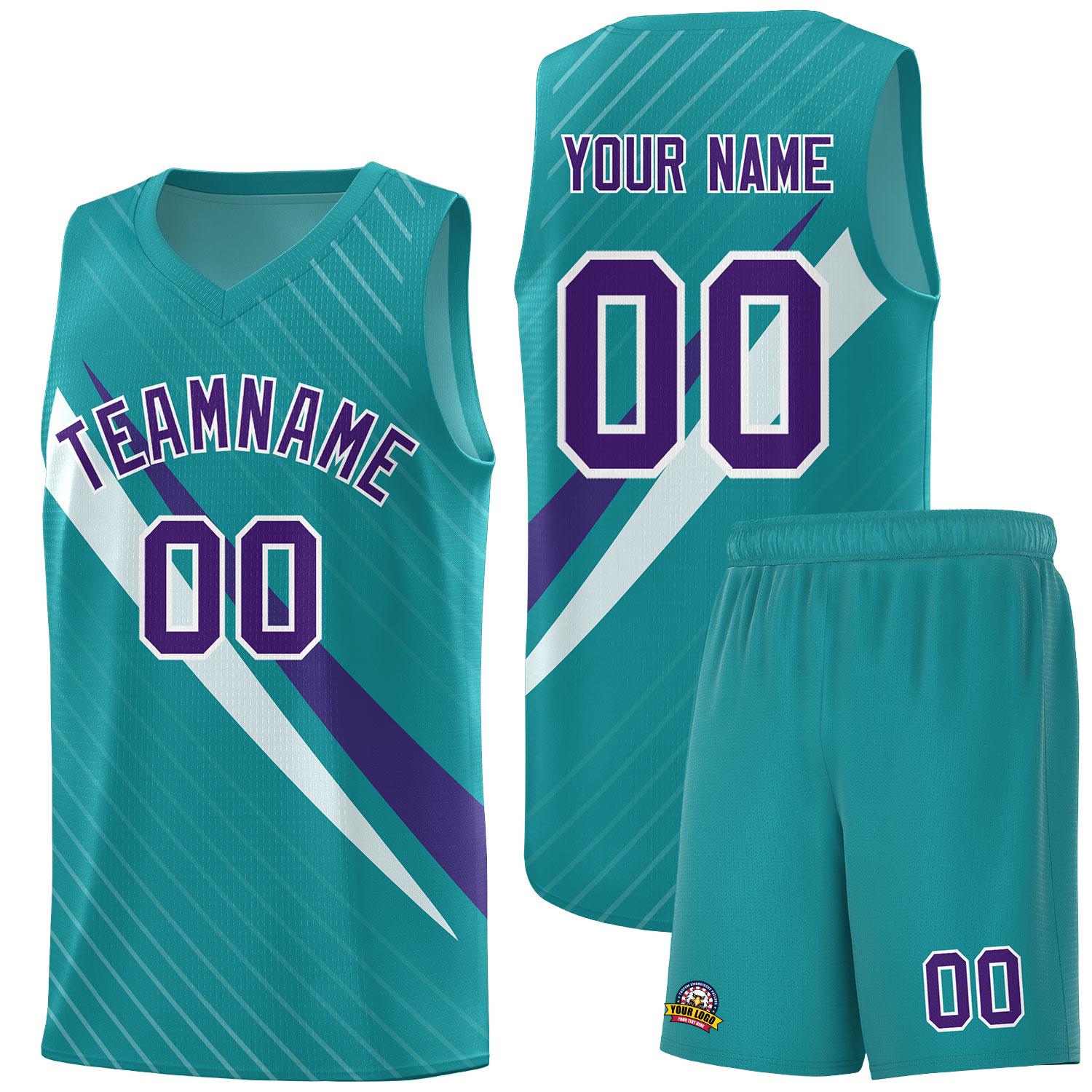 Custom Aqua Diagonal Pinstripe Pattern Color Block Sports Uniform Basketball Jersey