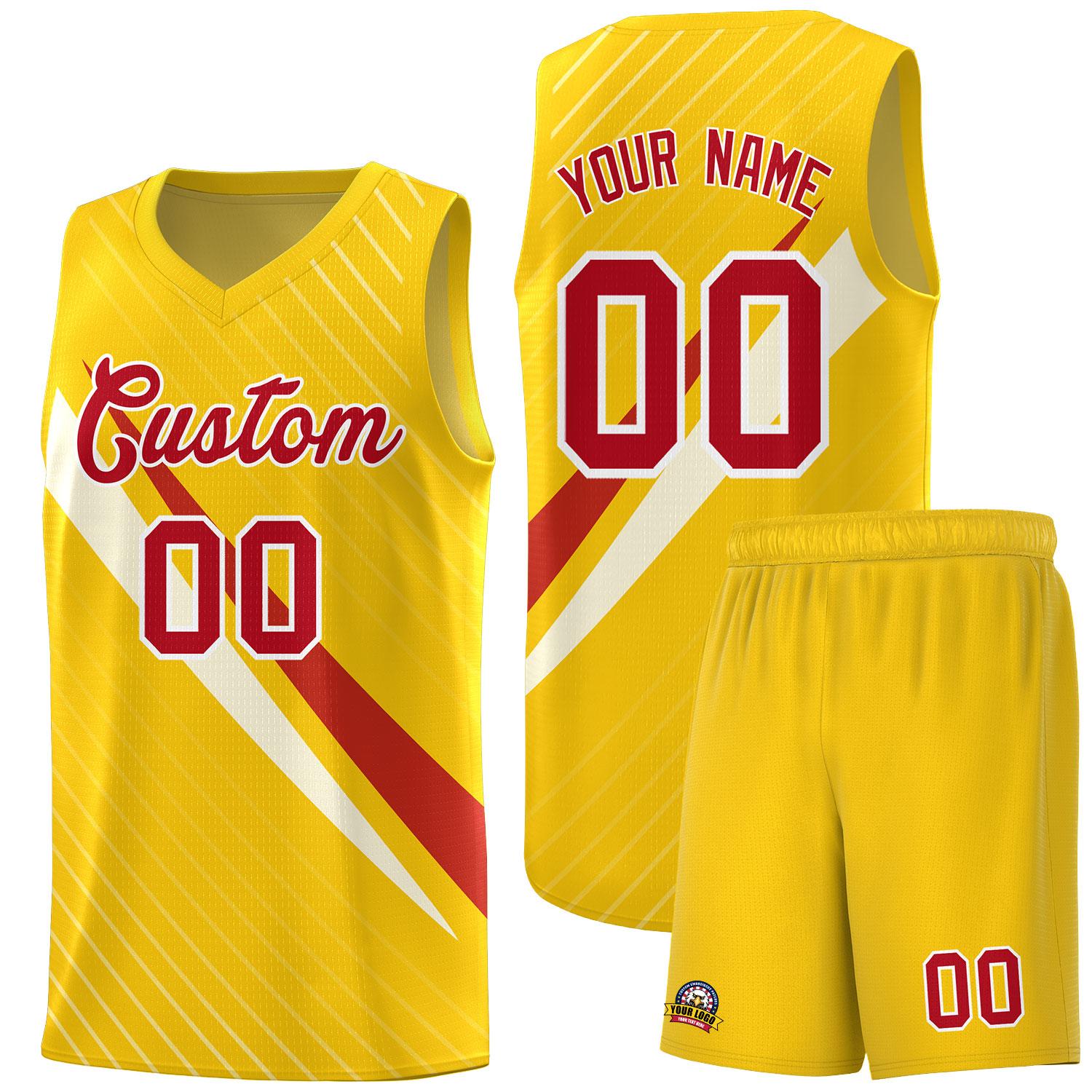 Custom Gold Diagonal Pinstripe Pattern Color Block Sports Uniform Basketball Jersey