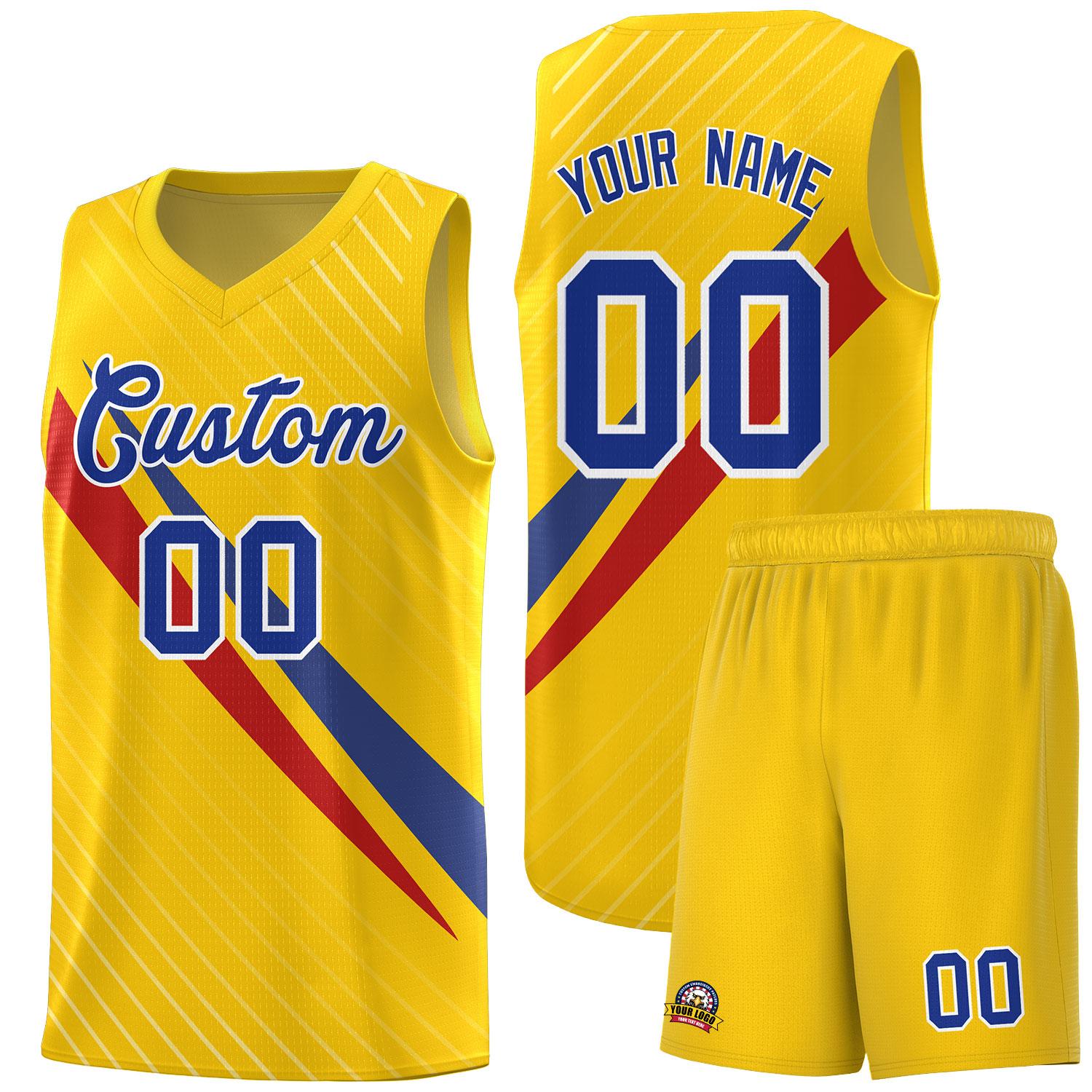 Custom Gold Diagonal Pinstripe Pattern Color Block Sports Uniform Basketball Jersey