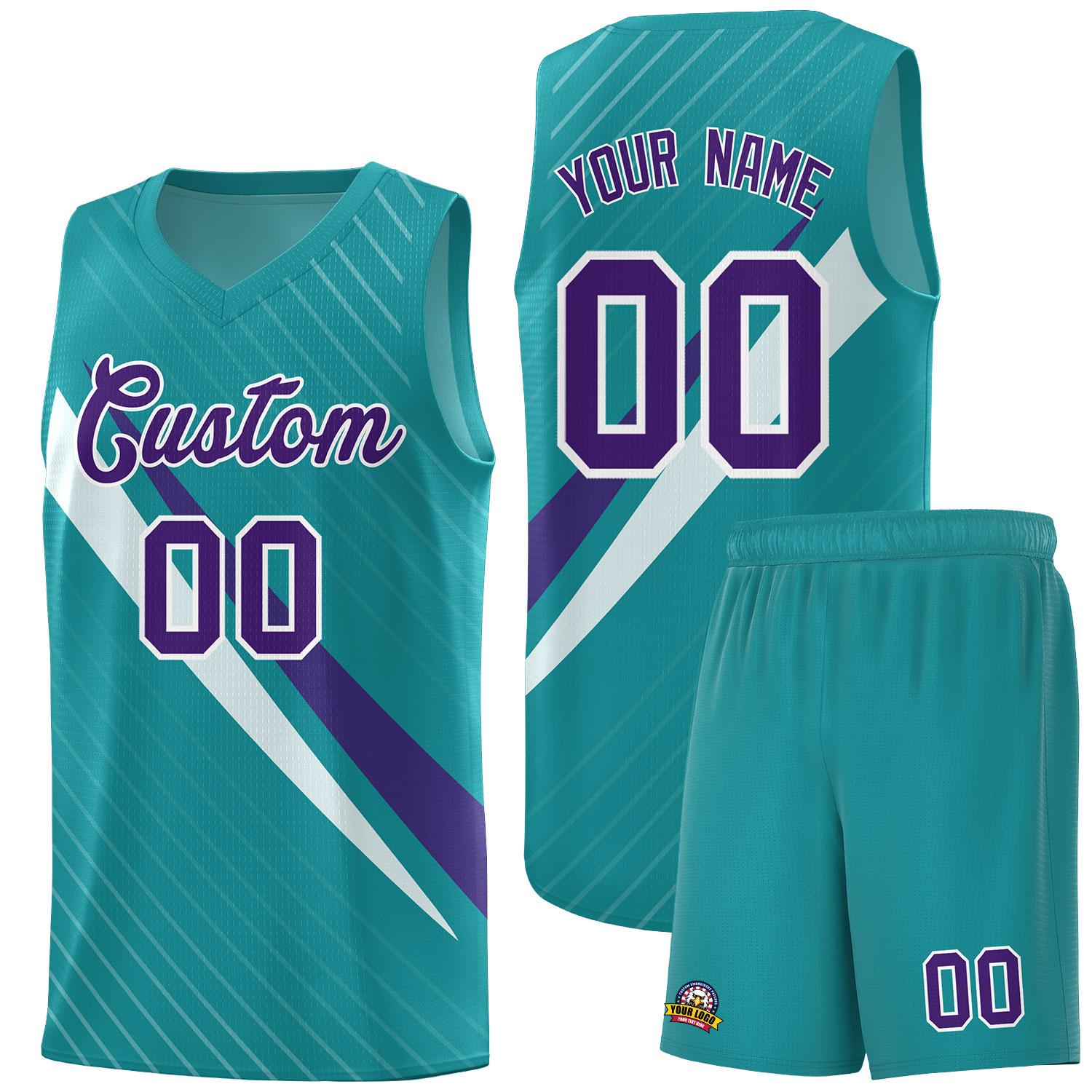 Custom Aqua Diagonal Pinstripe Pattern Color Block Sports Uniform Basketball Jersey