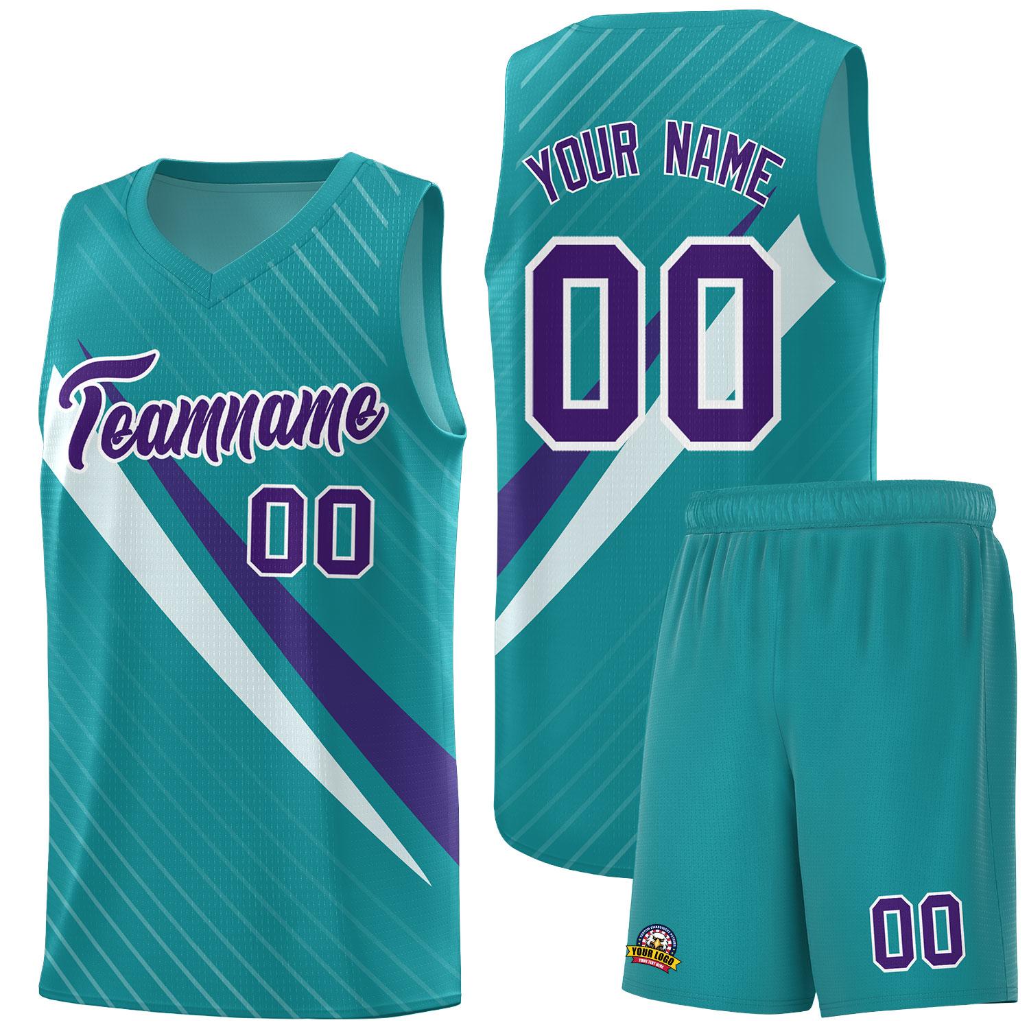 Custom Aqua Diagonal Pinstripe Pattern Color Block Sports Uniform Basketball Jersey