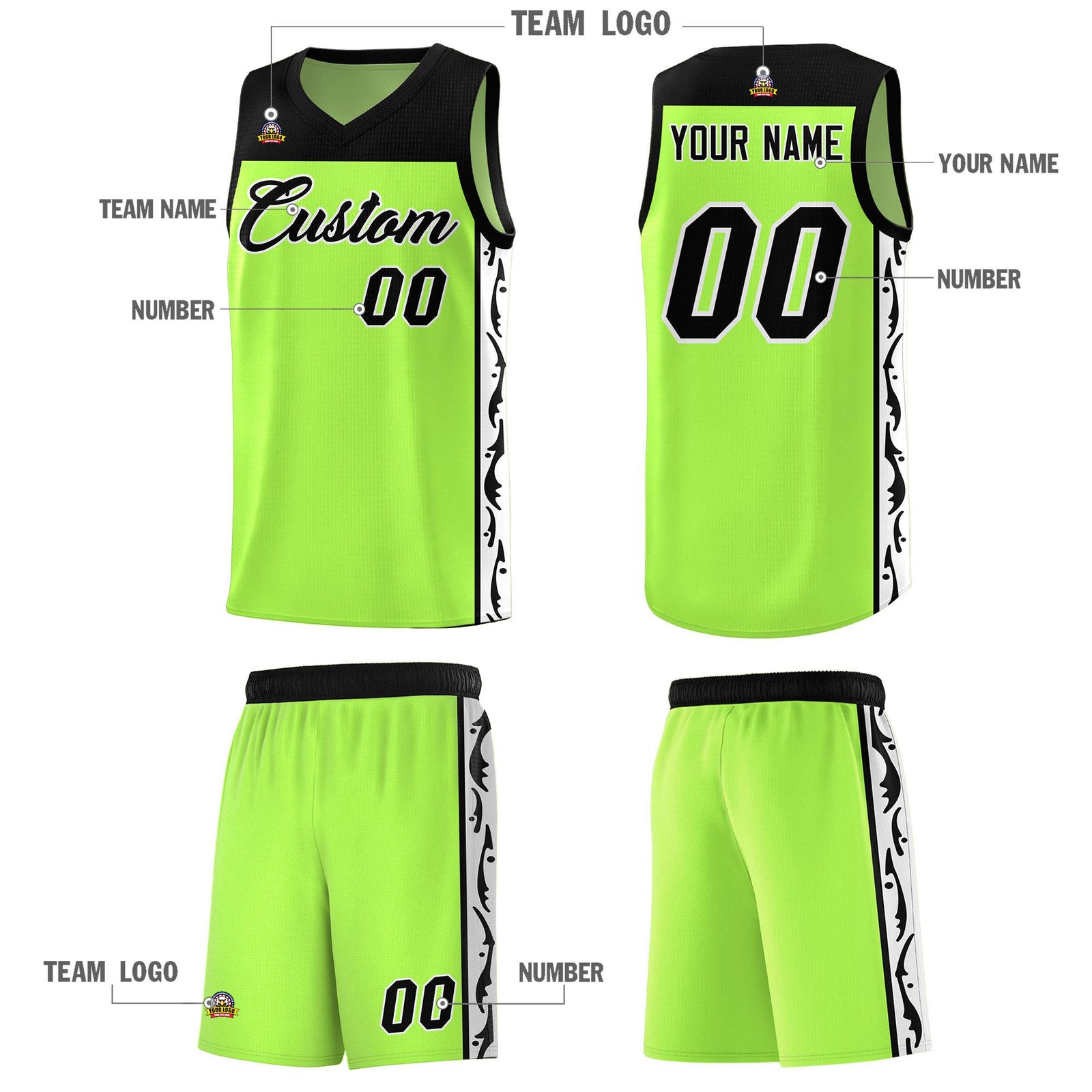 Custom Neon Green Side Pattern Sports Uniform Basketball Jersey