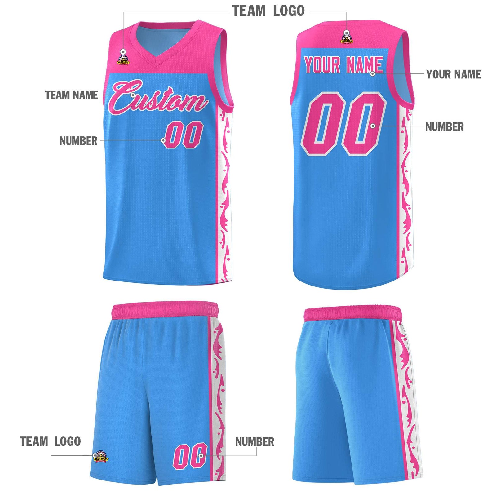 Custom Light Blue Side Pattern Sports Uniform Basketball Jersey