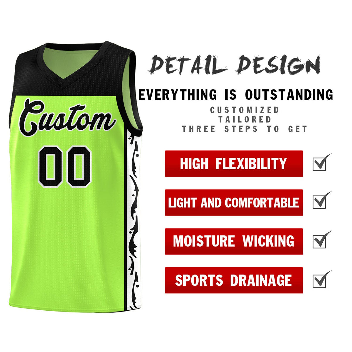 Custom Neon Green Side Pattern Sports Uniform Basketball Jersey