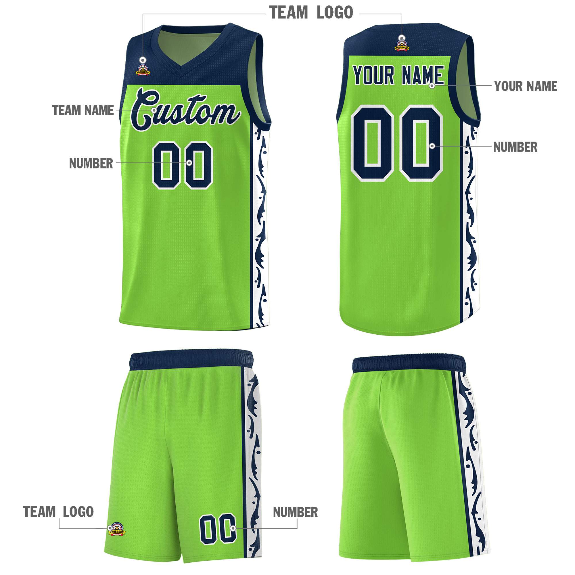 Custom Neon Green Side Pattern Sports Uniform Basketball Jersey