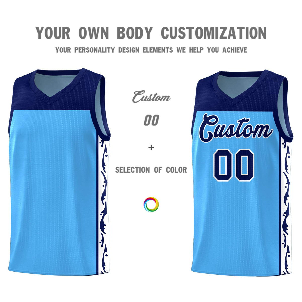 Custom Light Blue Side Pattern Sports Uniform Basketball Jersey