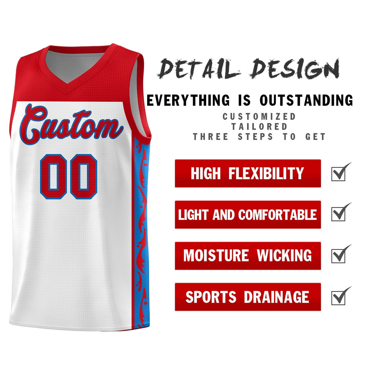 Custom White Side Pattern Sports Uniform Basketball Jersey