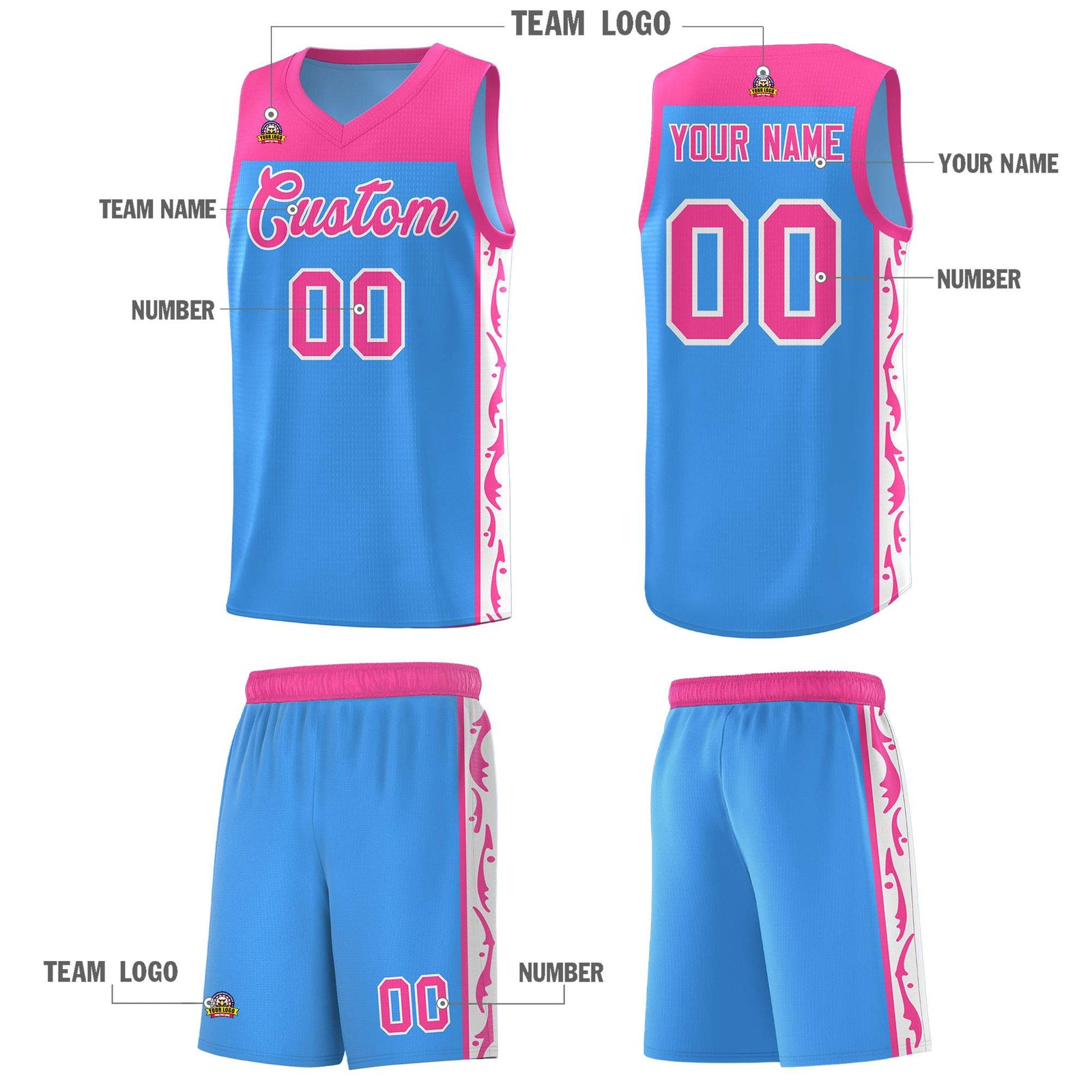 Custom Light Blue Side Pattern Sports Uniform Basketball Jersey
