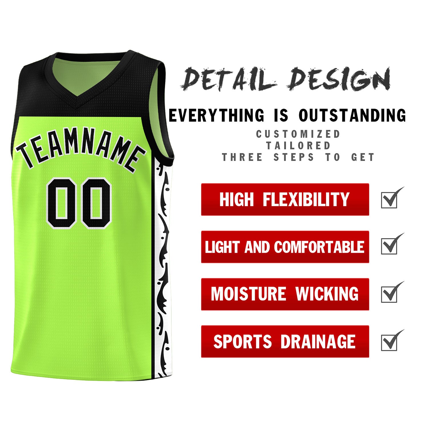 Custom Neon Green Side Pattern Sports Uniform Basketball Jersey