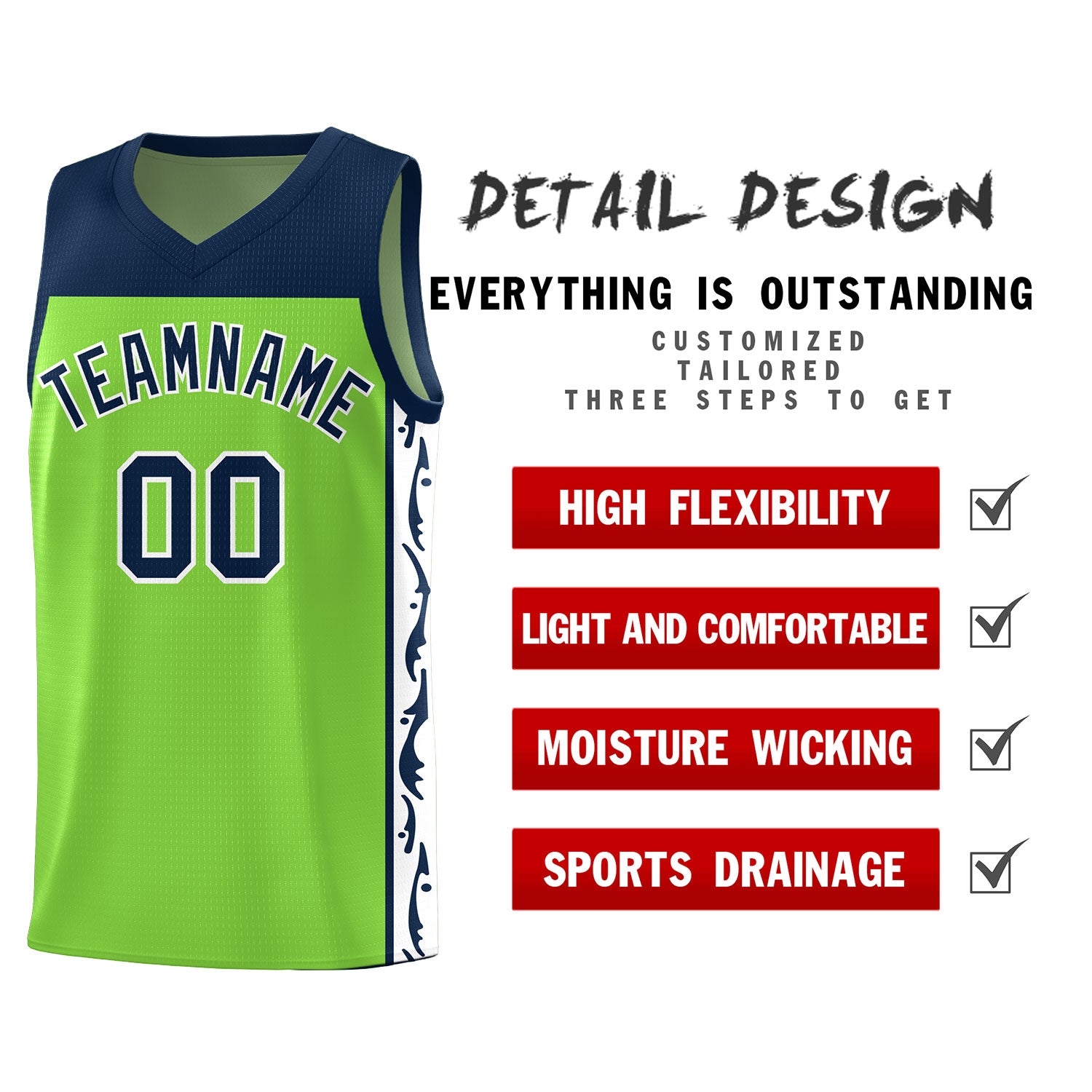 Custom Neon Green Side Pattern Sports Uniform Basketball Jersey