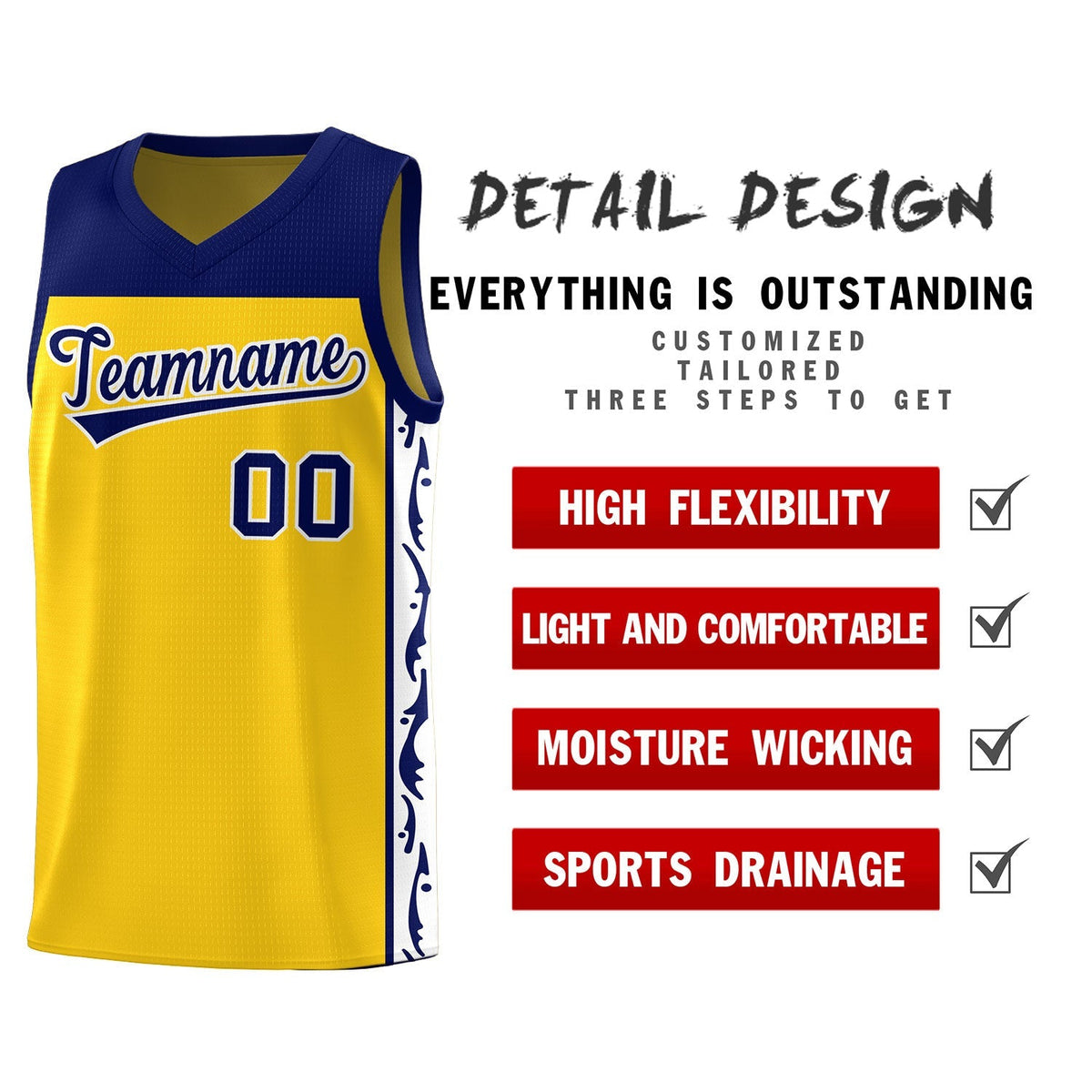 Custom Gold Side Pattern Sports Uniform Basketball Jersey