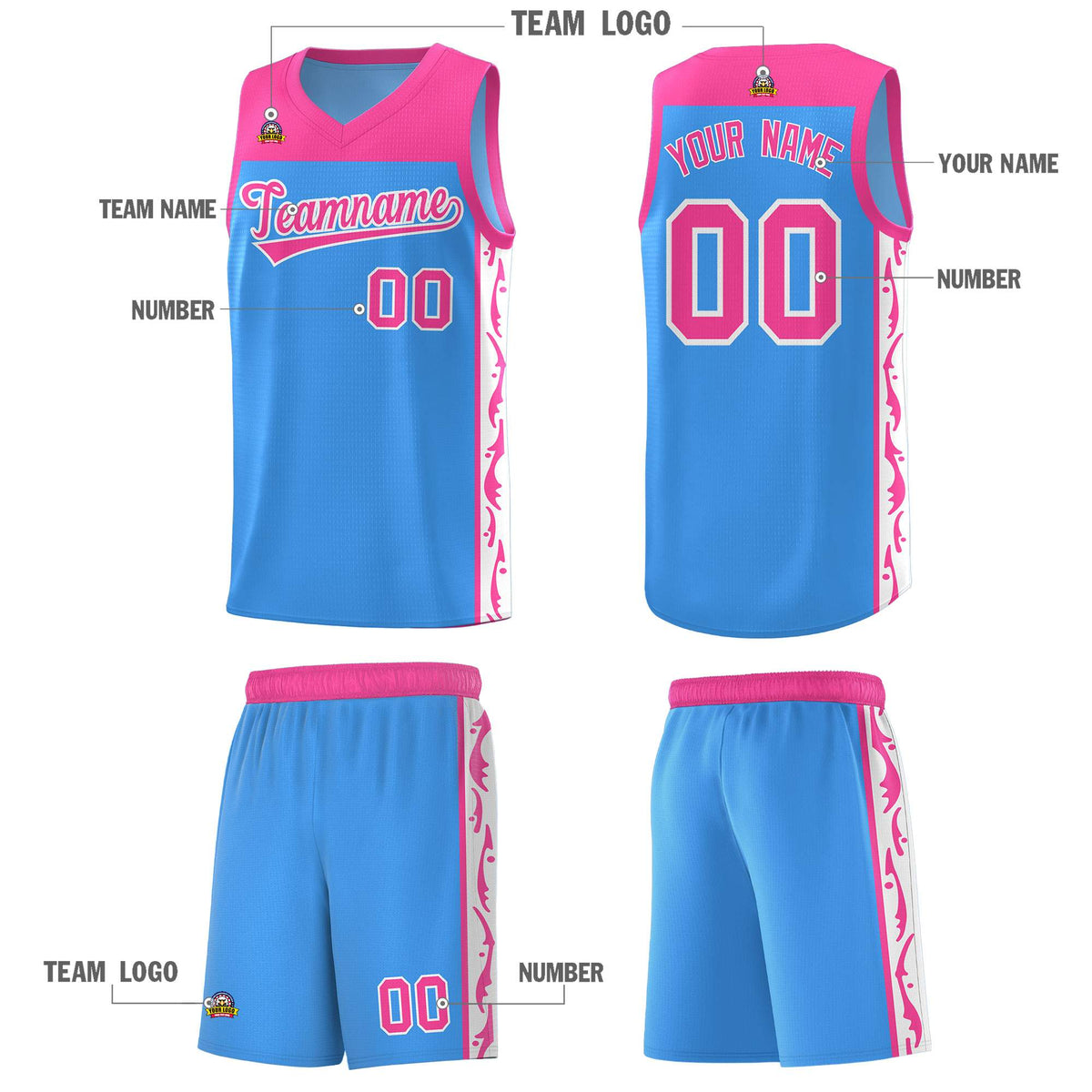 Custom Light Blue Side Pattern Sports Uniform Basketball Jersey