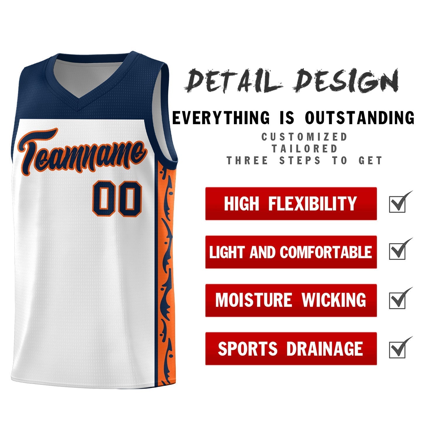 Custom White Side Pattern Sports Uniform Basketball Jersey