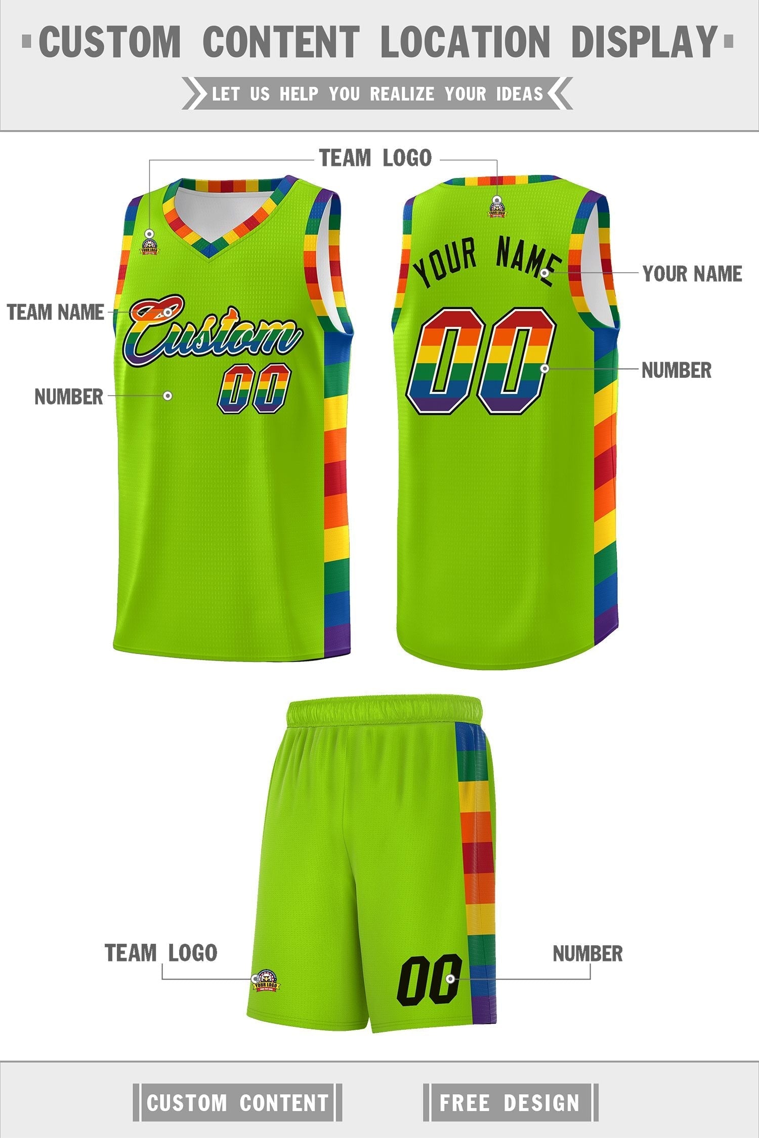Custom Neon Green LGBT Rainbow For Pride Month Sports Uniform Basketball Jersey