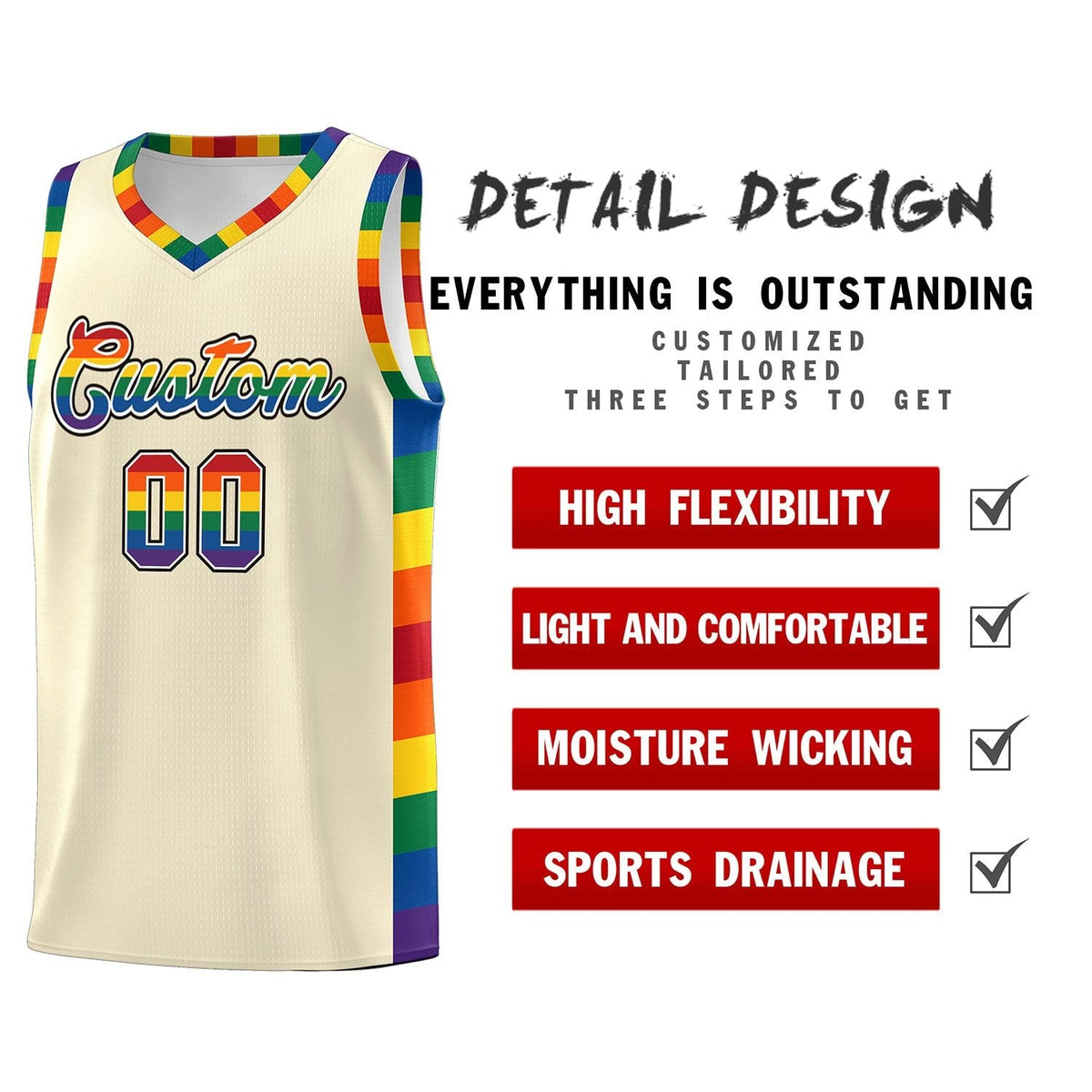 Custom Cream LGBT Rainbow For Pride Month Sports Uniform Basketball Jersey