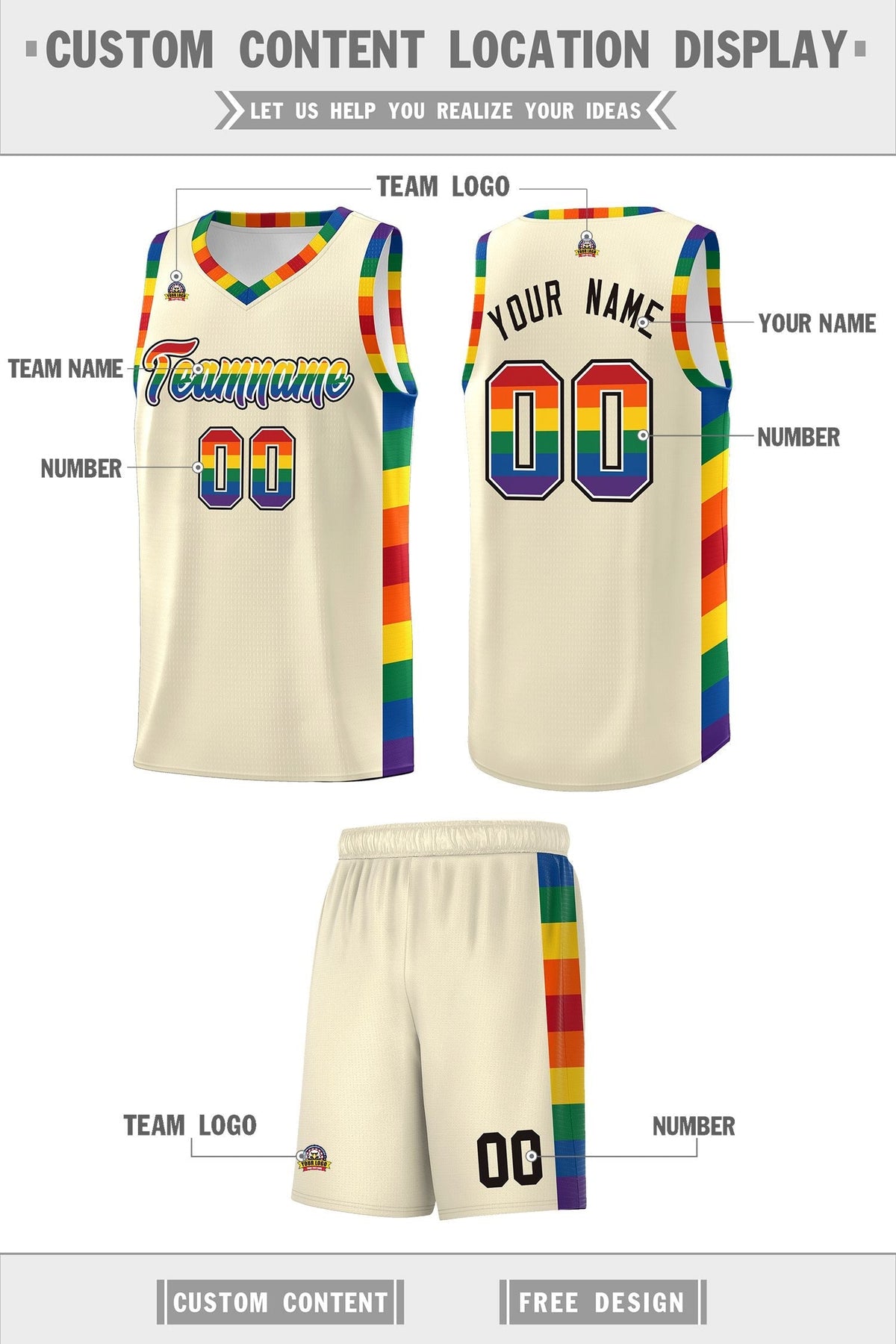 Custom Cream LGBT Rainbow For Pride Month Sports Uniform Basketball Jersey
