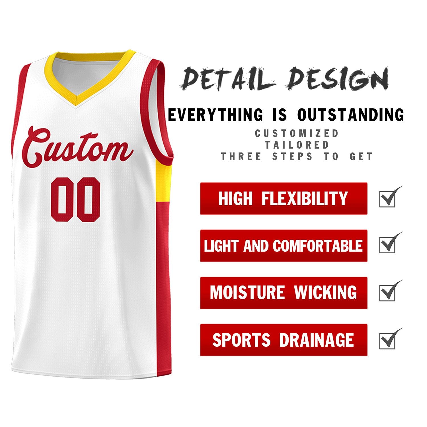 Custom White Red-Gold Side Two-Tone Classic Sports Uniform Basketball Jersey