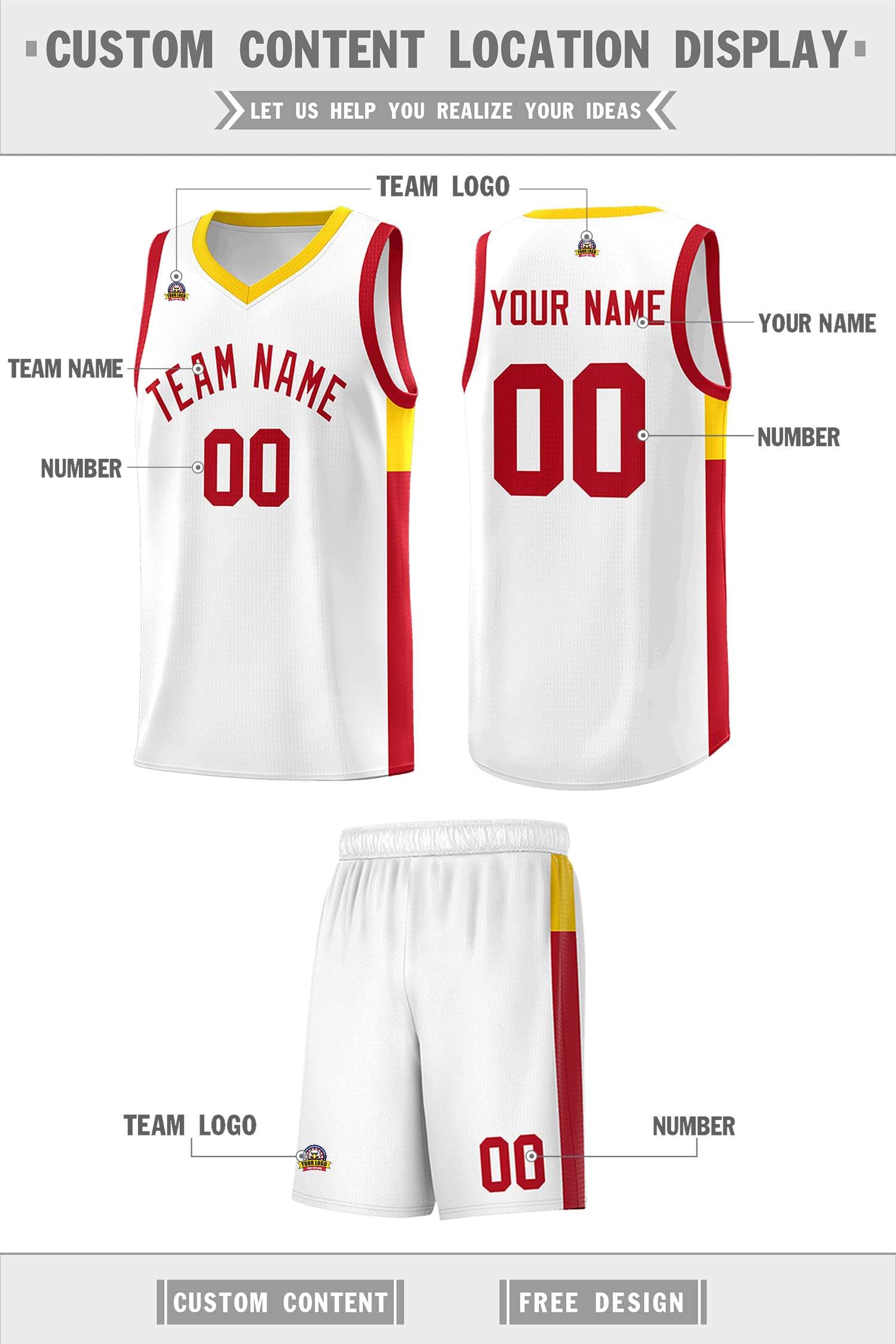 Custom White Red-Gold Side Two-Tone Classic Sports Uniform Basketball Jersey