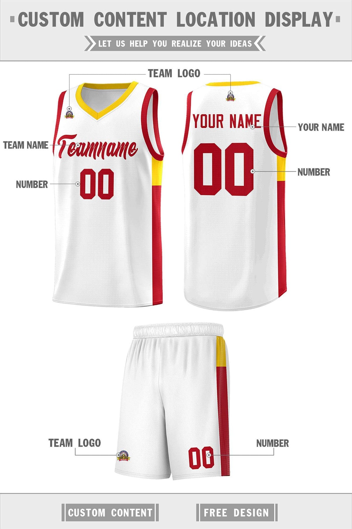 Custom White Red-Gold Side Two-Tone Classic Sports Uniform Basketball Jersey