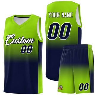 Custom Neon Green Navy Gradient Fashion Sets Sports Uniform Basketball Jersey - Style 1
