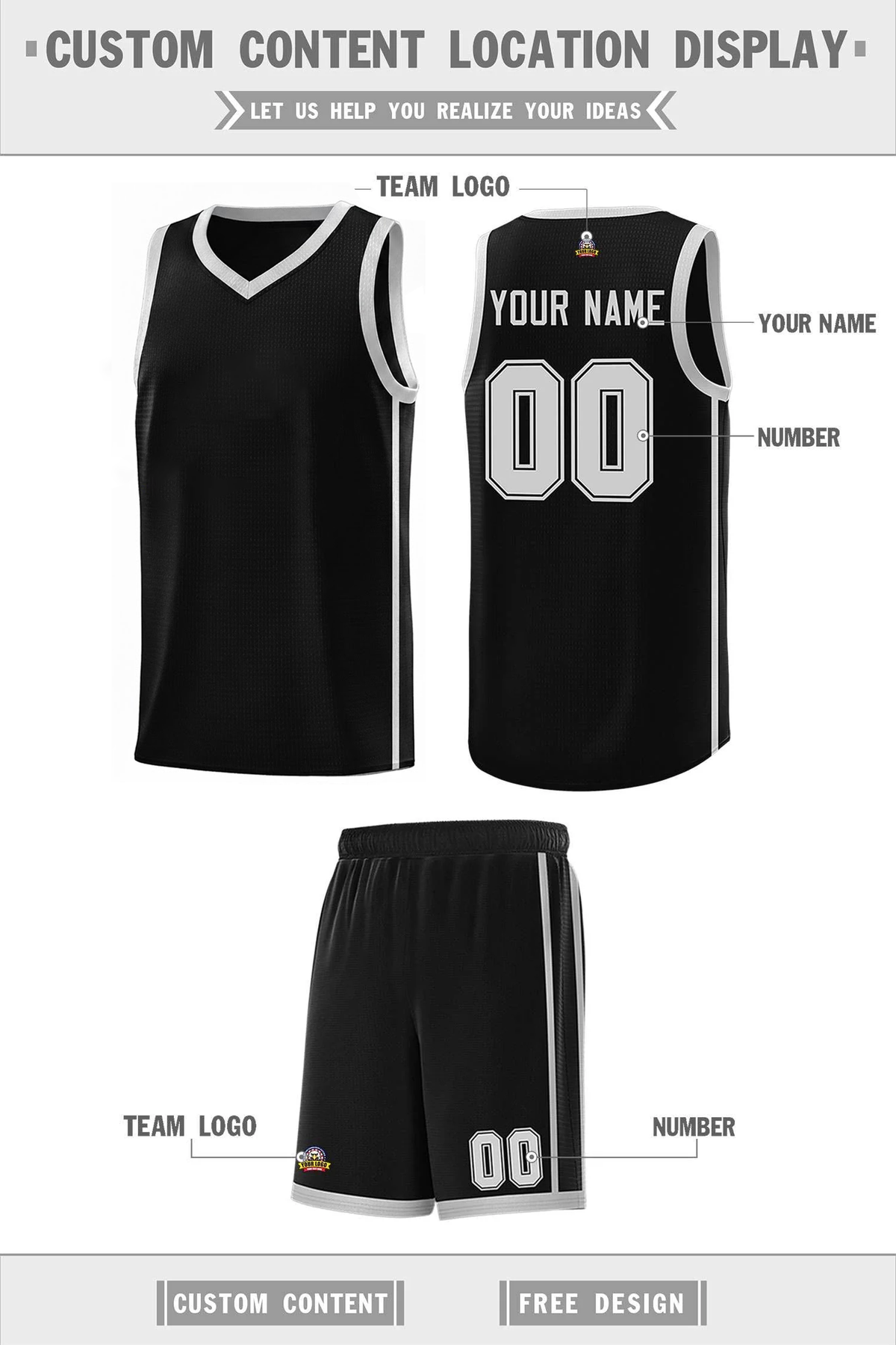 Custom Logo/Text Black White Side Two Bars Sports Uniform Basketball Jersey