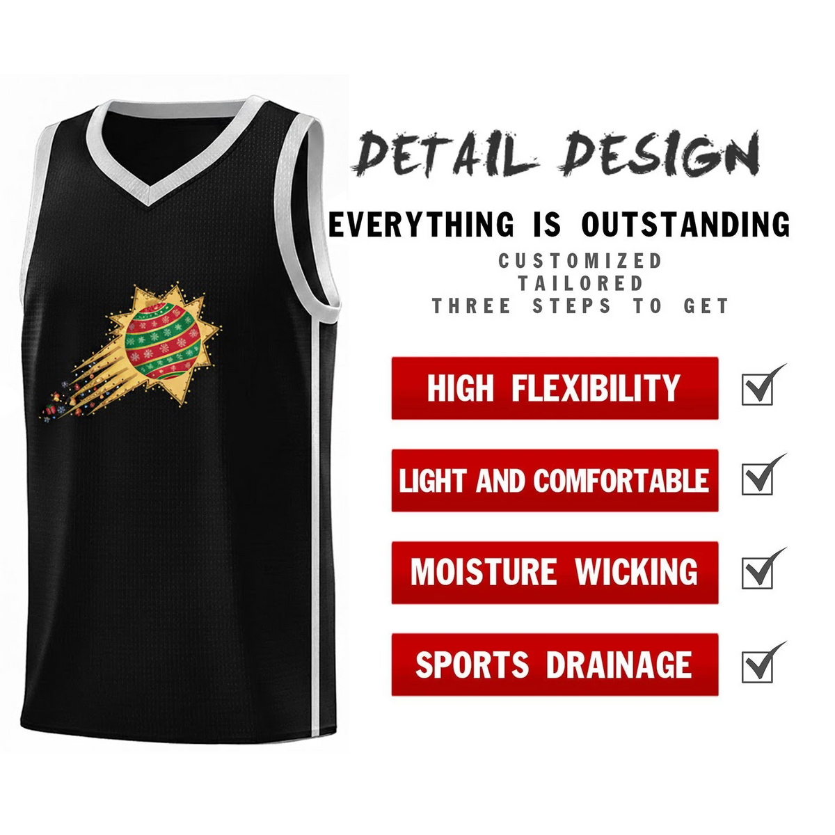 Custom Christmas Phoenix Black White Side Two Bars Sports Uniform Basketball Jersey