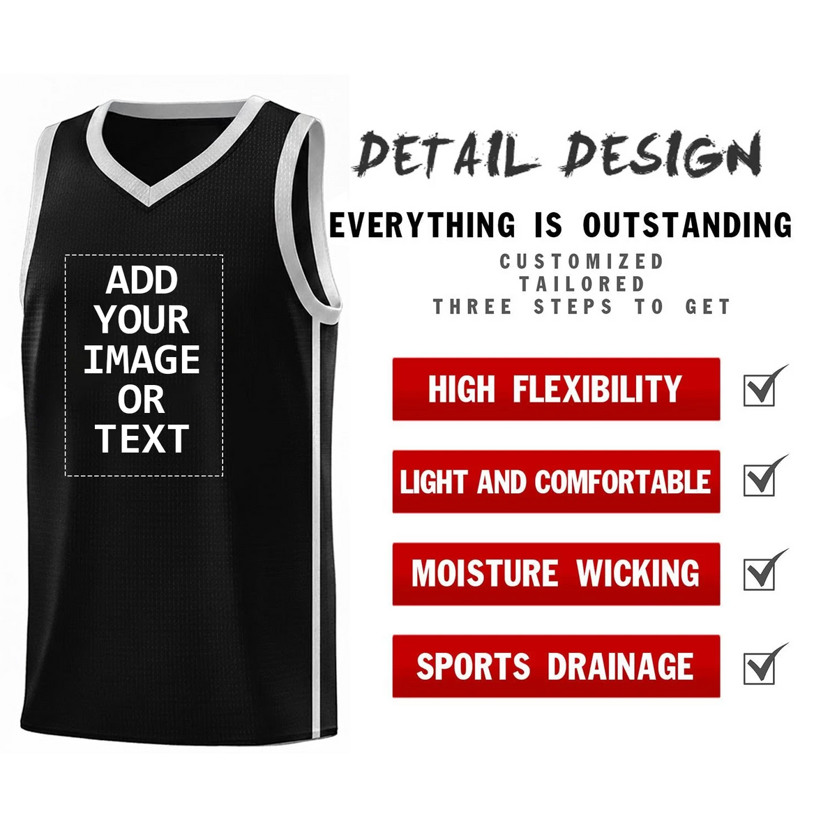 Custom Logo/Text Black White Side Two Bars Sports Uniform Basketball Jersey