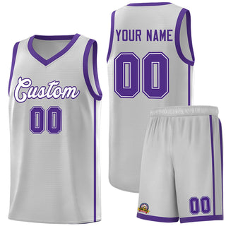 Custom Gray White-Purple Side Two Bars Sports Uniform Basketball Jersey - Style 1