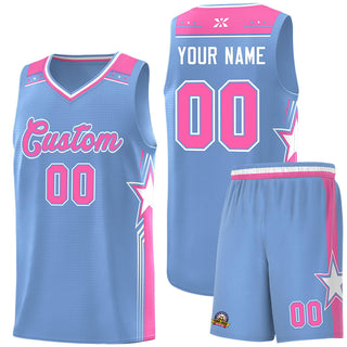 Custom Light Blue Pink Star Graffiti Pattern Sports Uniform Basketball Jersey - Style 1