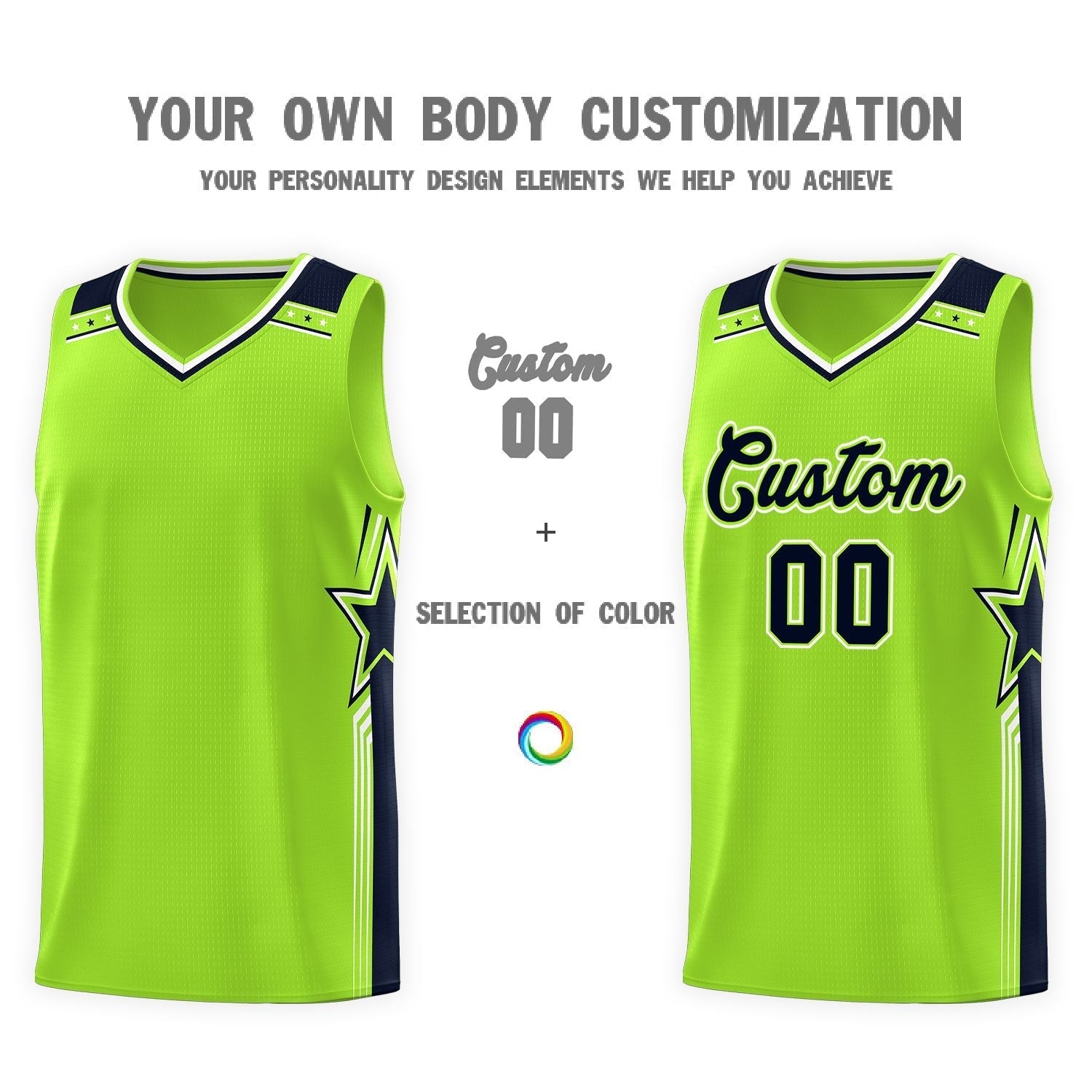 Custom Neon Green Navy Star Graffiti Pattern Sports Uniform Basketball Jersey