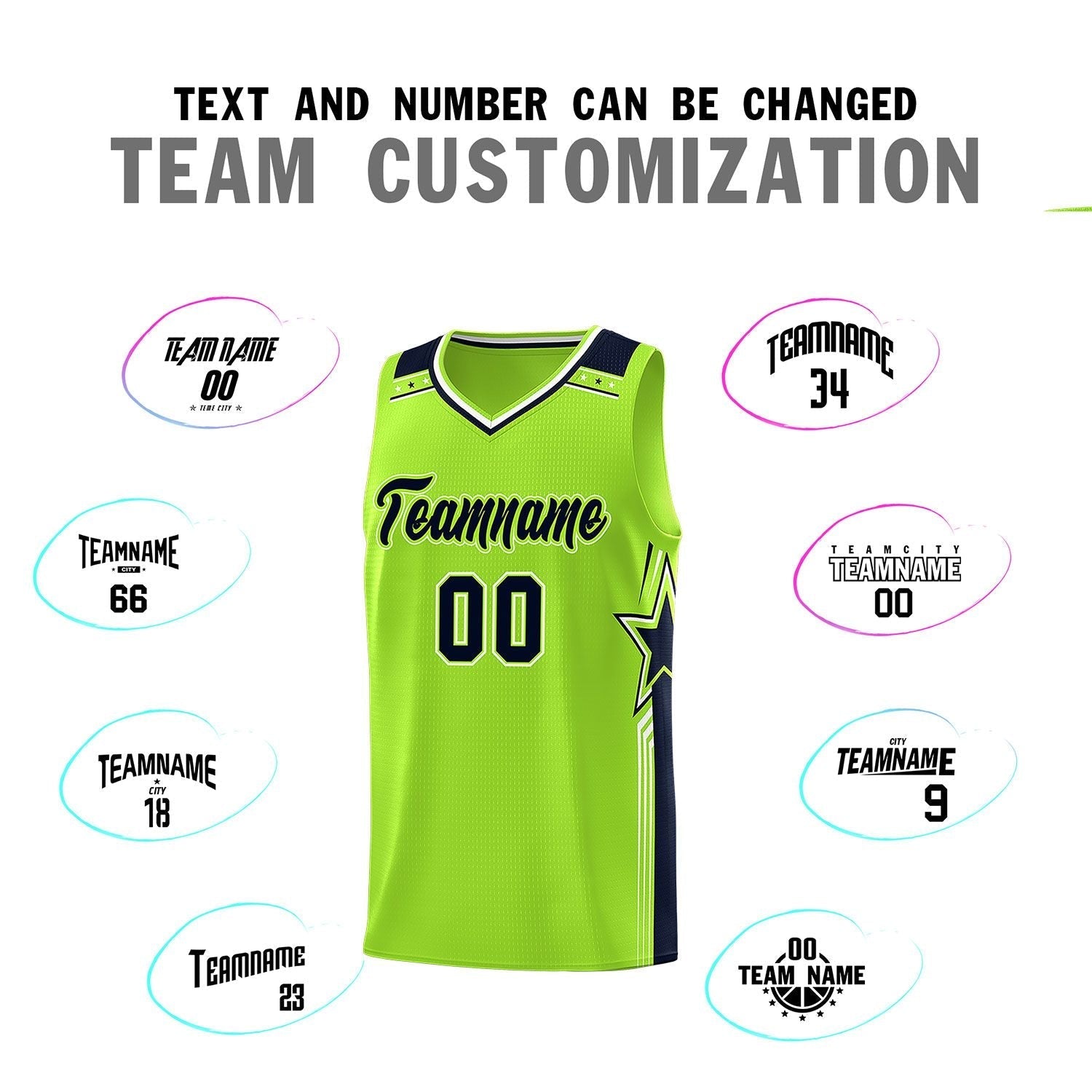 Custom Neon Green Navy Star Graffiti Pattern Sports Uniform Basketball Jersey