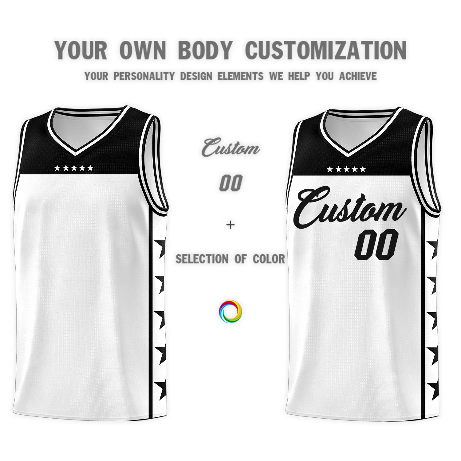 Custom White Black Personalized Star Pattern Sports Uniform Basketball Jersey