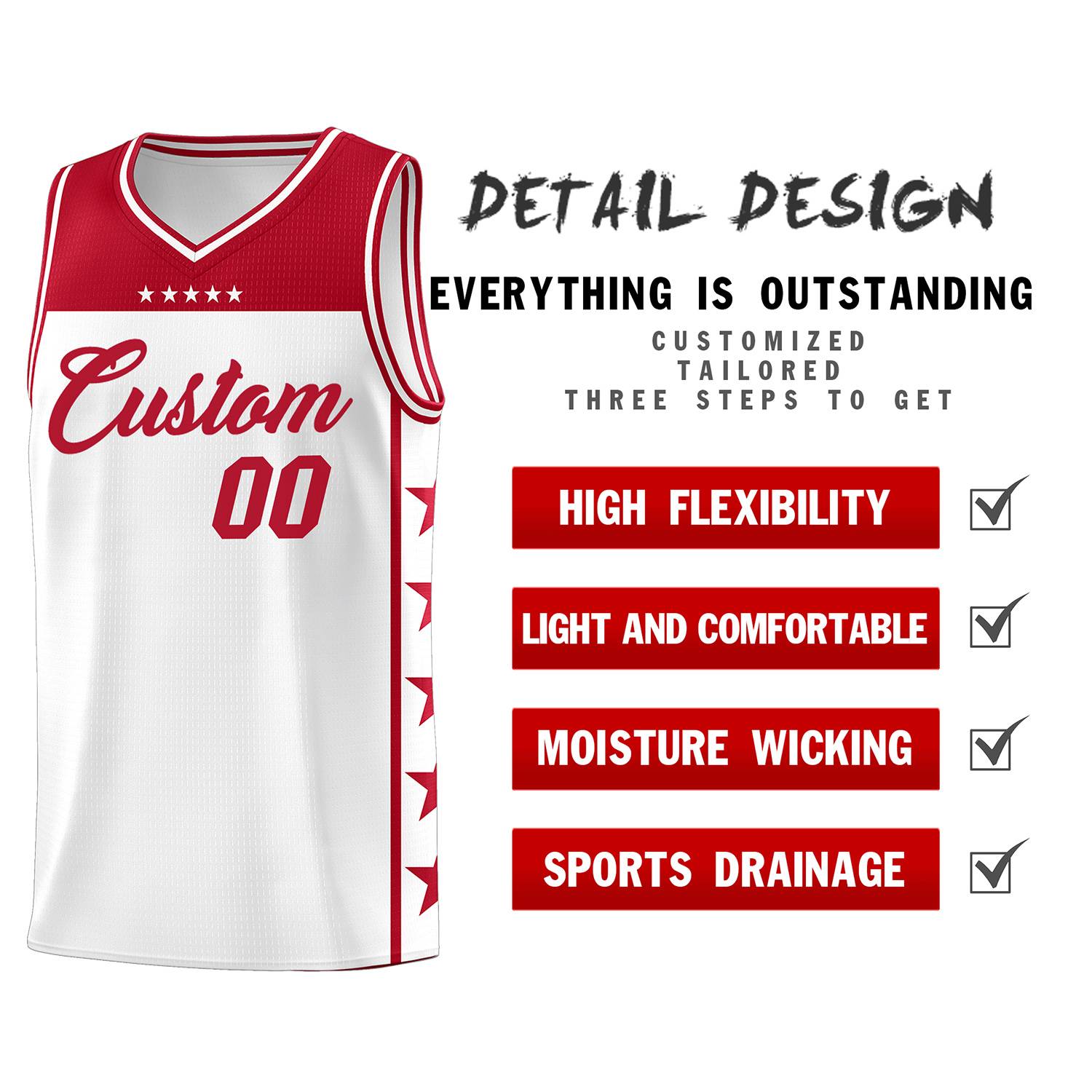 Custom White Red Personalized Star Pattern Sports Uniform Basketball Jersey