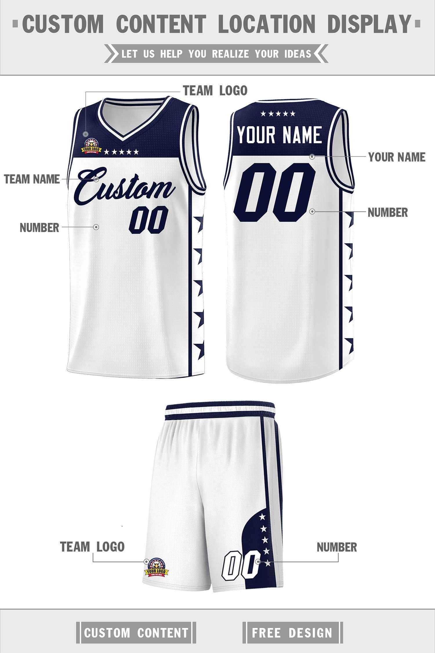 Custom White Navy Personalized Star Pattern Sports Uniform Basketball Jersey