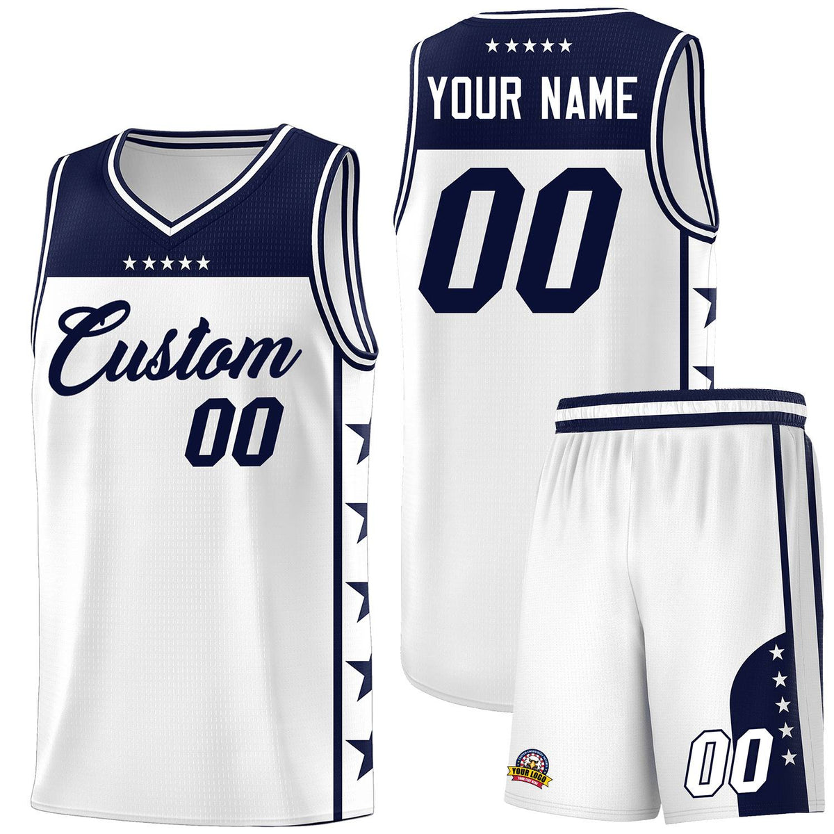 Custom White Navy Personalized Star Pattern Sports Uniform Basketball Jersey
