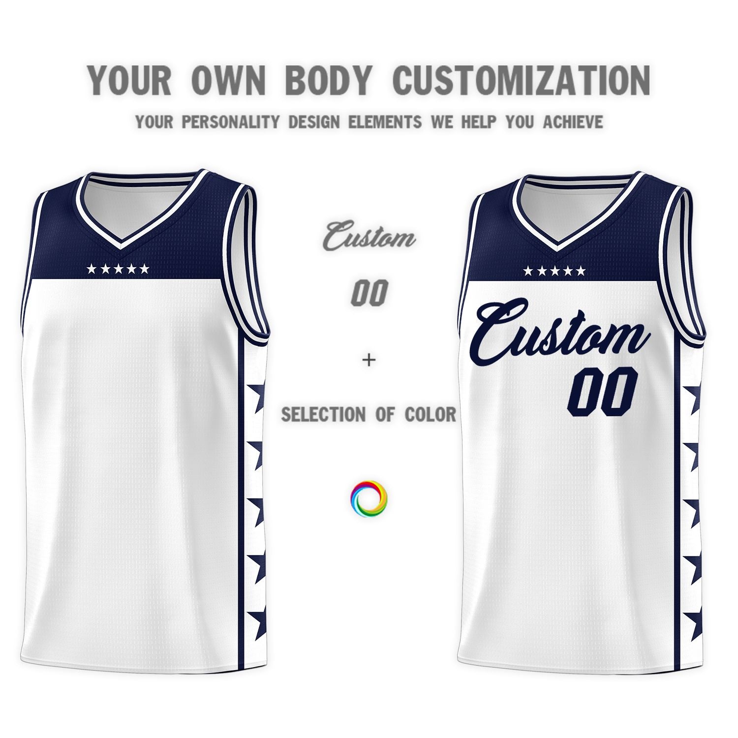 Custom White Navy Personalized Star Pattern Sports Uniform Basketball Jersey