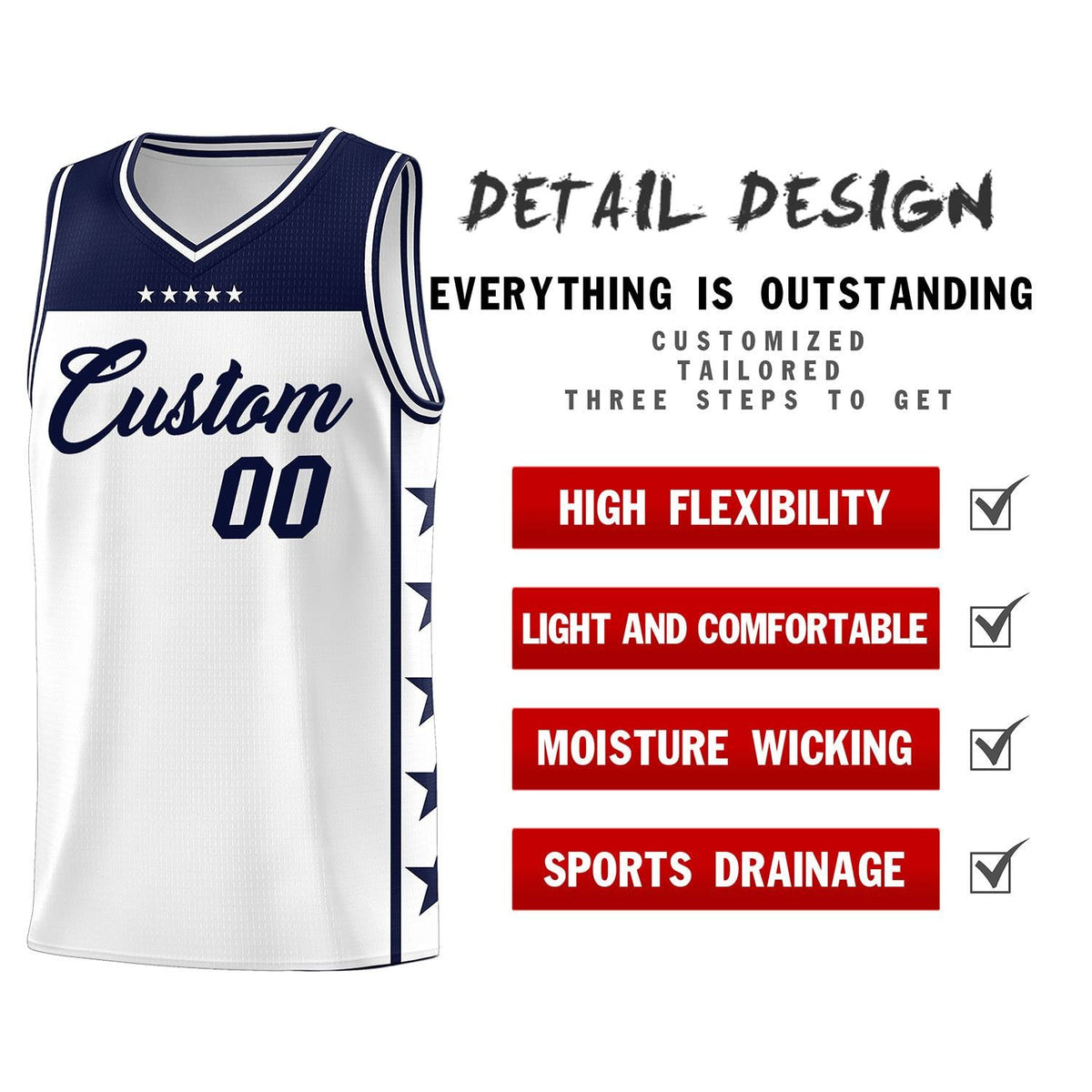Custom White Navy Personalized Star Pattern Sports Uniform Basketball Jersey