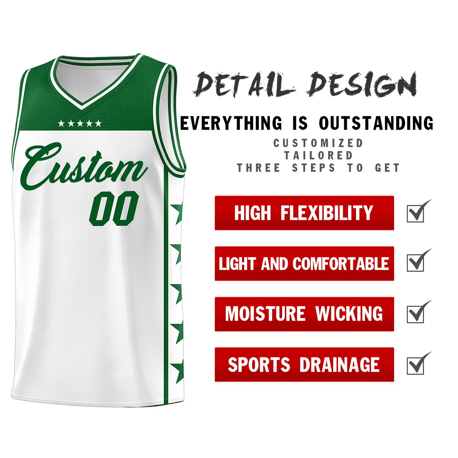 Custom White Kelly Green Personalized Star Pattern Sports Uniform Basketball Jersey