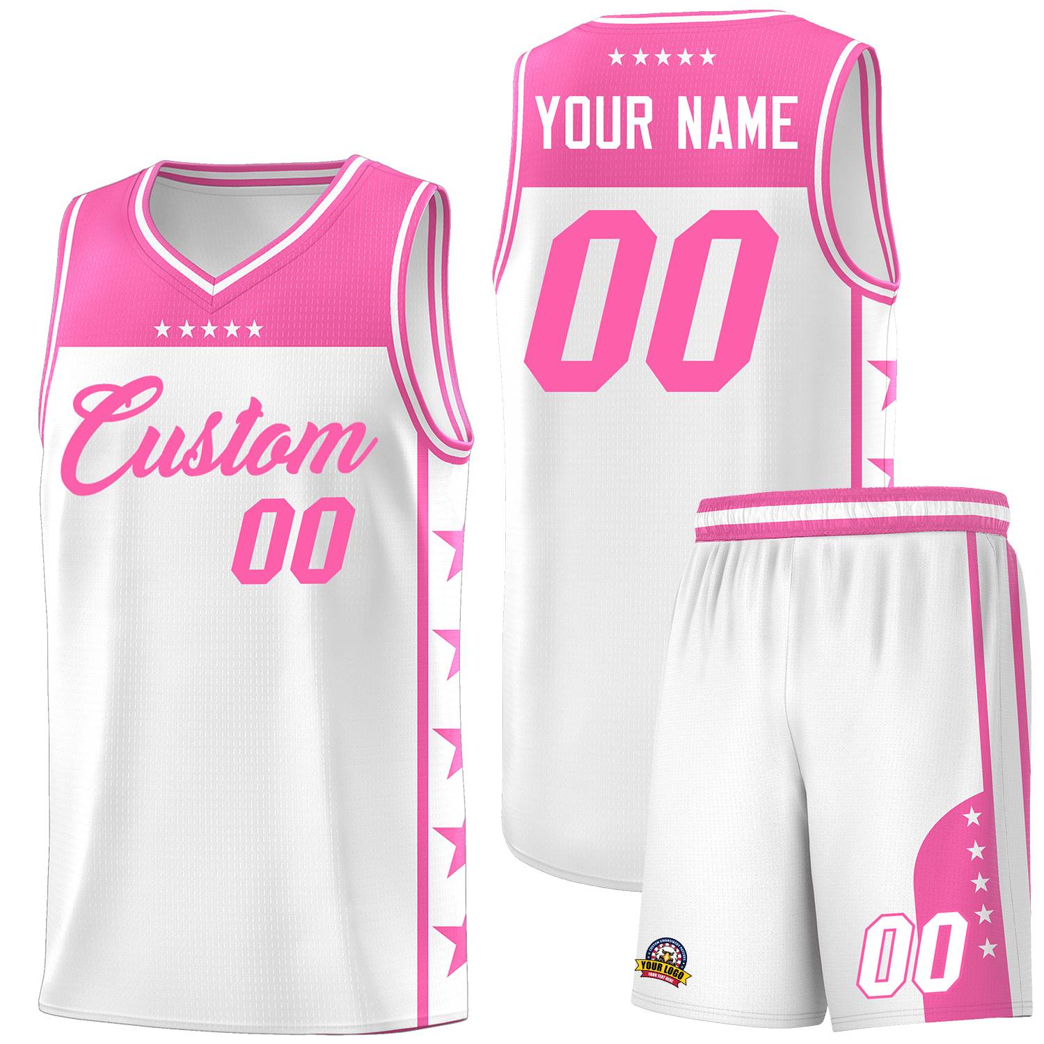 Custom White Pink Personalized Star Pattern Sports Uniform Basketball Jersey