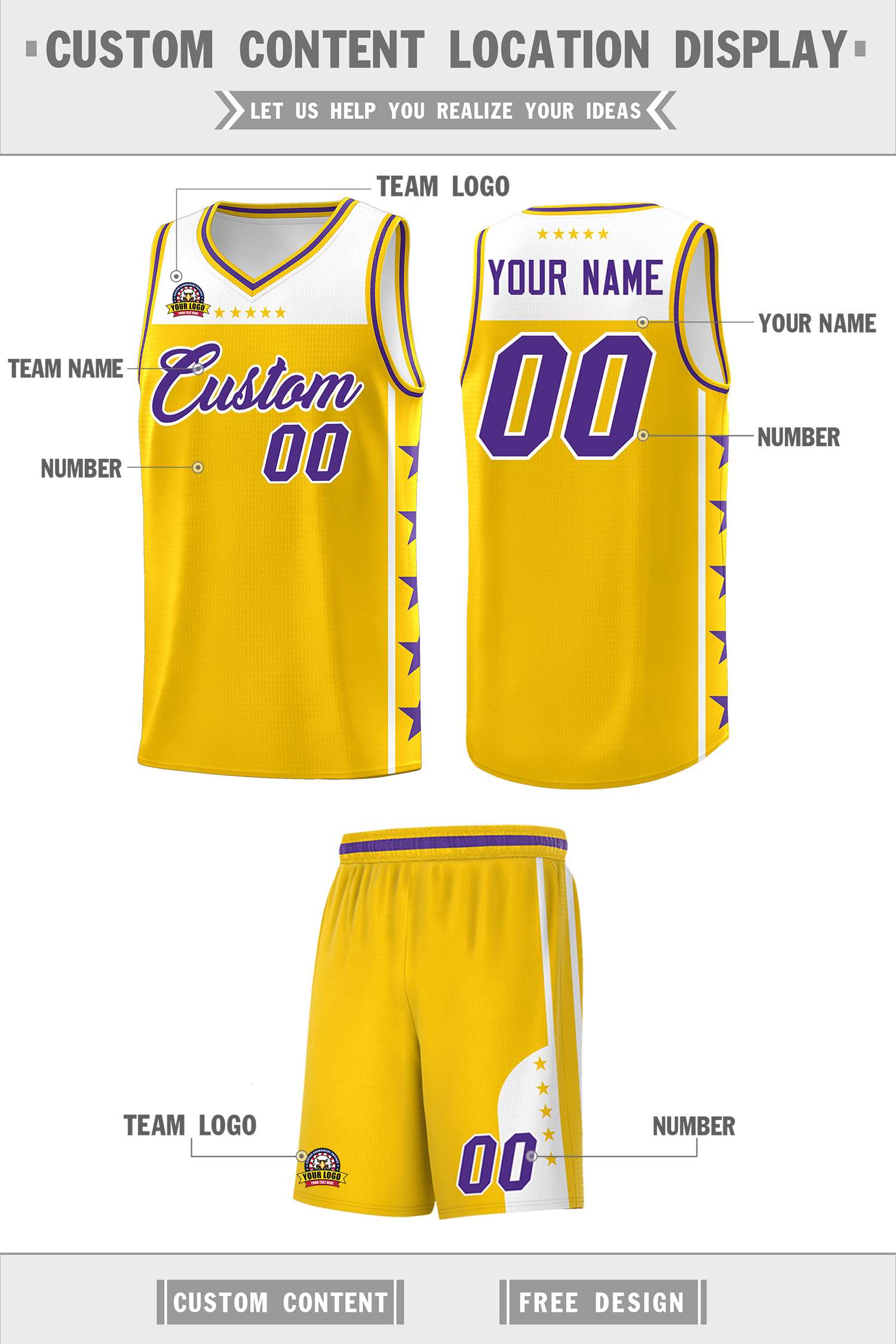 Custom Gold Purple Personalized Star Pattern Sports Uniform Basketball Jersey
